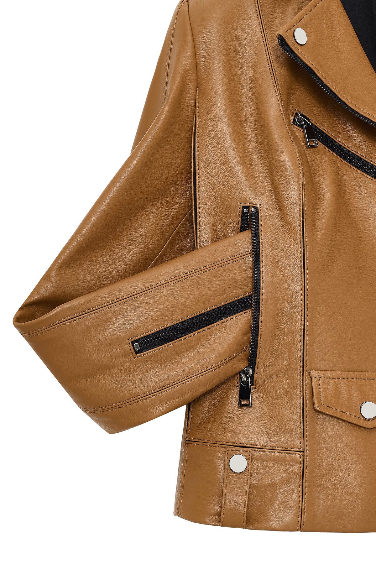 Bella Kadın Camel Biker Kısa Deri Ceket - Image 6