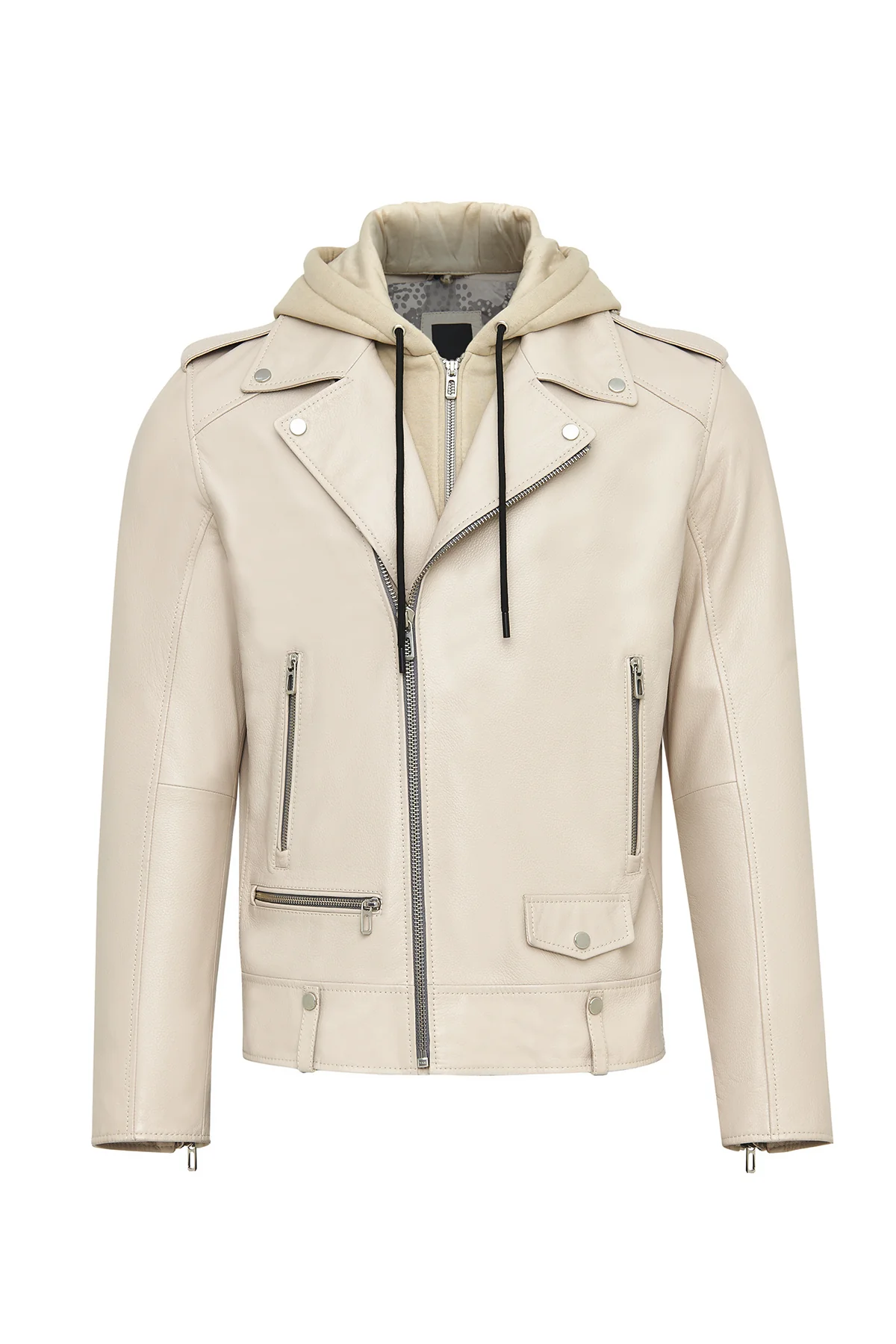 Butler Erkek Bej Kapüşonlu Biker Deri Ceket - Image 11