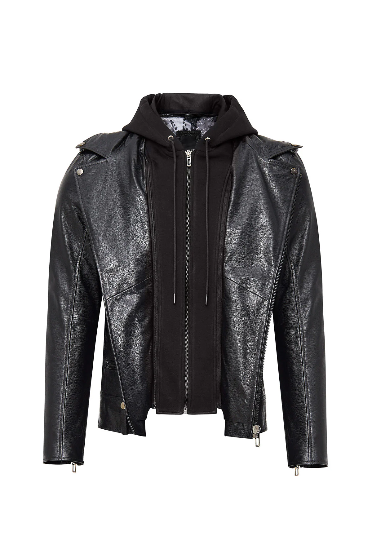 Butler Erkek Siyah Kapüşonlu Biker Deri Ceket - Image 3