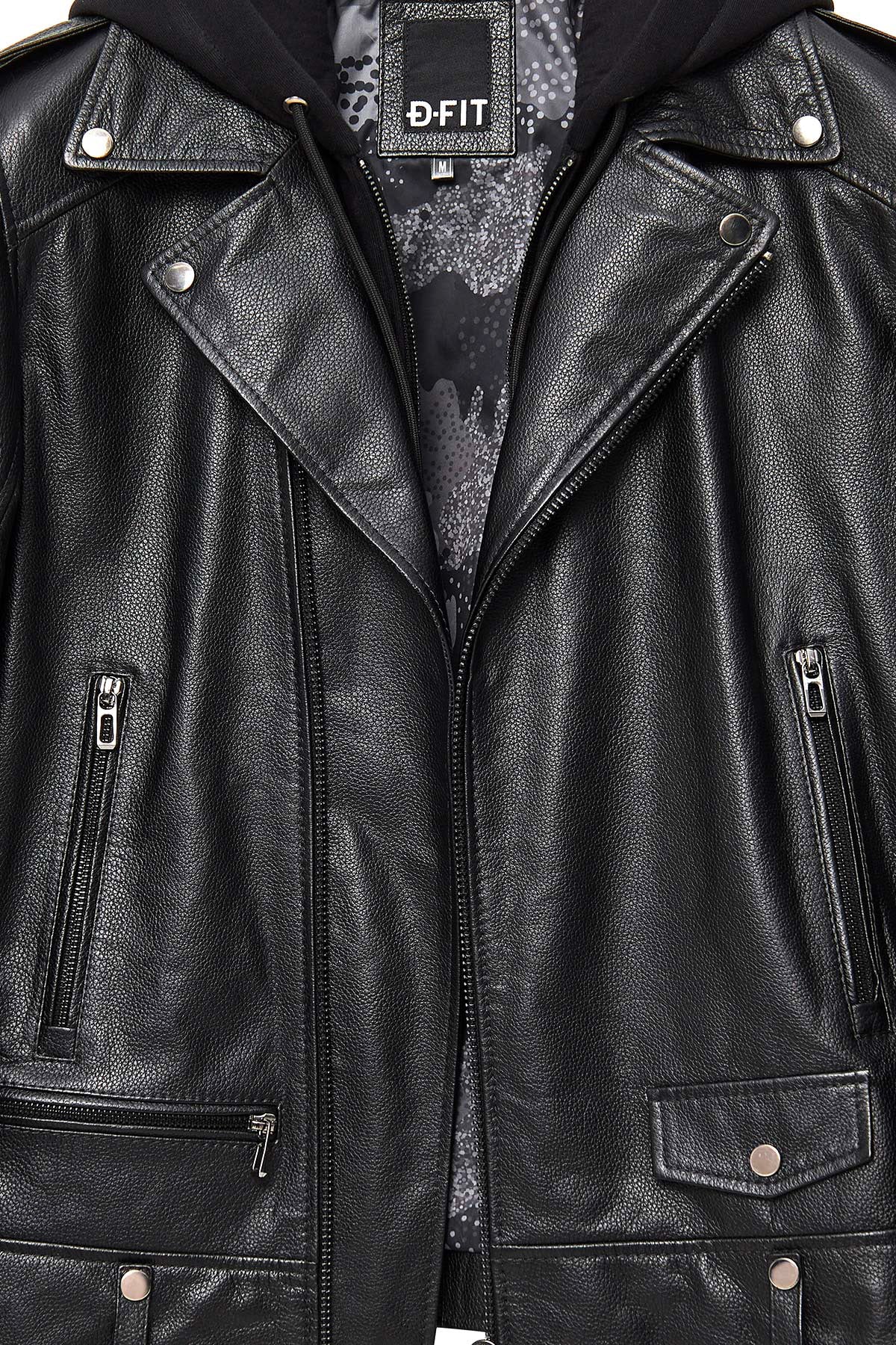 Butler Erkek Siyah Kapüşonlu Biker Deri Ceket - Image 6