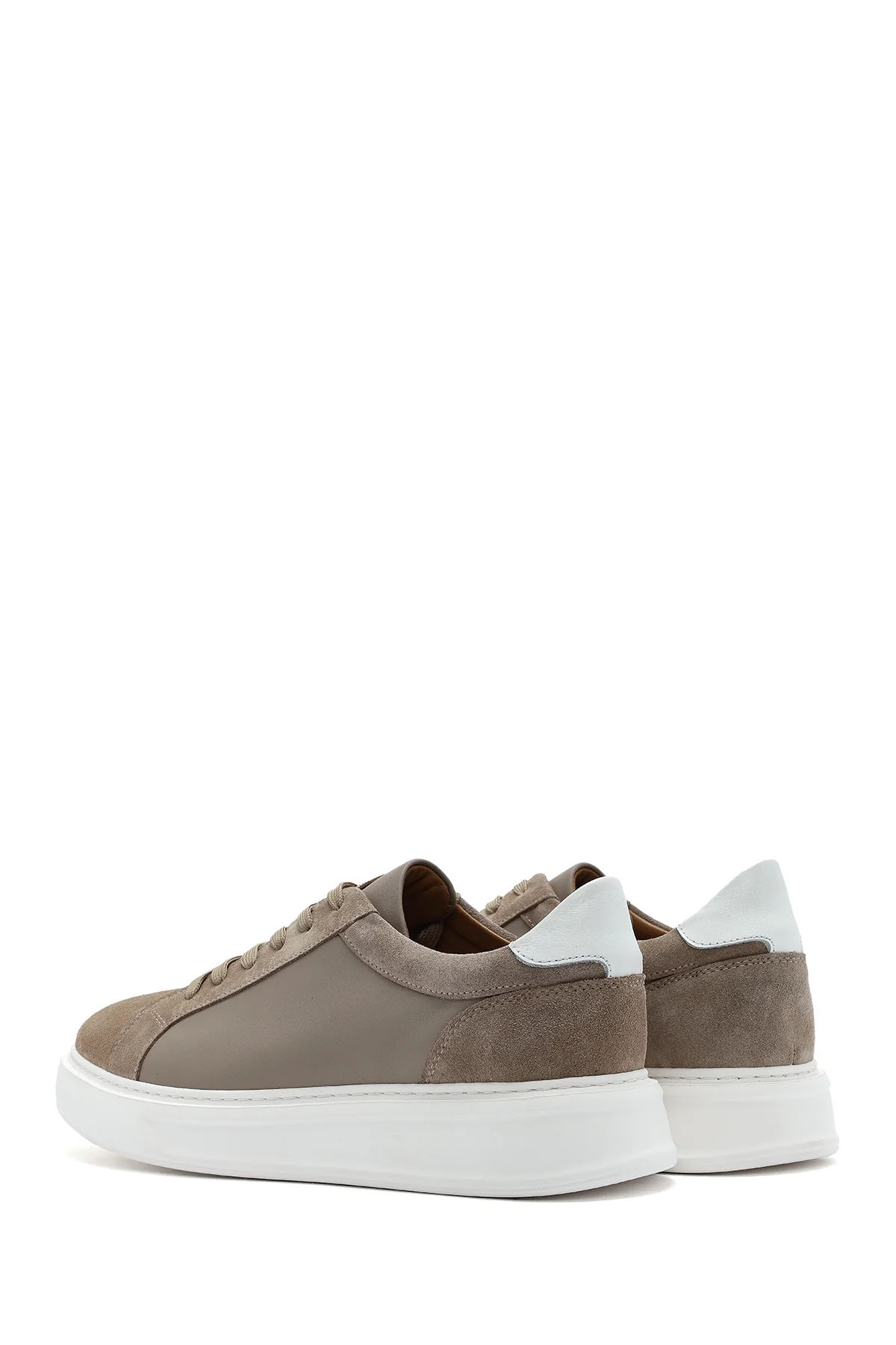 Erkek Bej Bağcıklı Deri Sneaker - Image 5