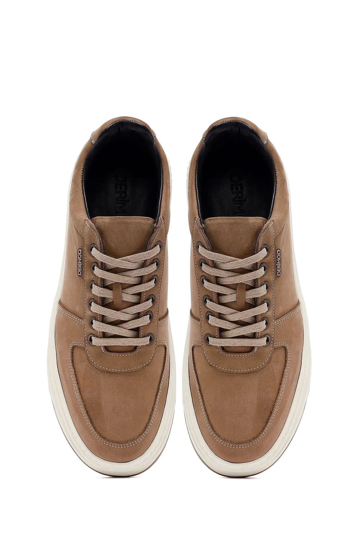 Erkek Bej Bağcıklı Kalın Tabanlı Nubuk Deri Sneaker - Image 7