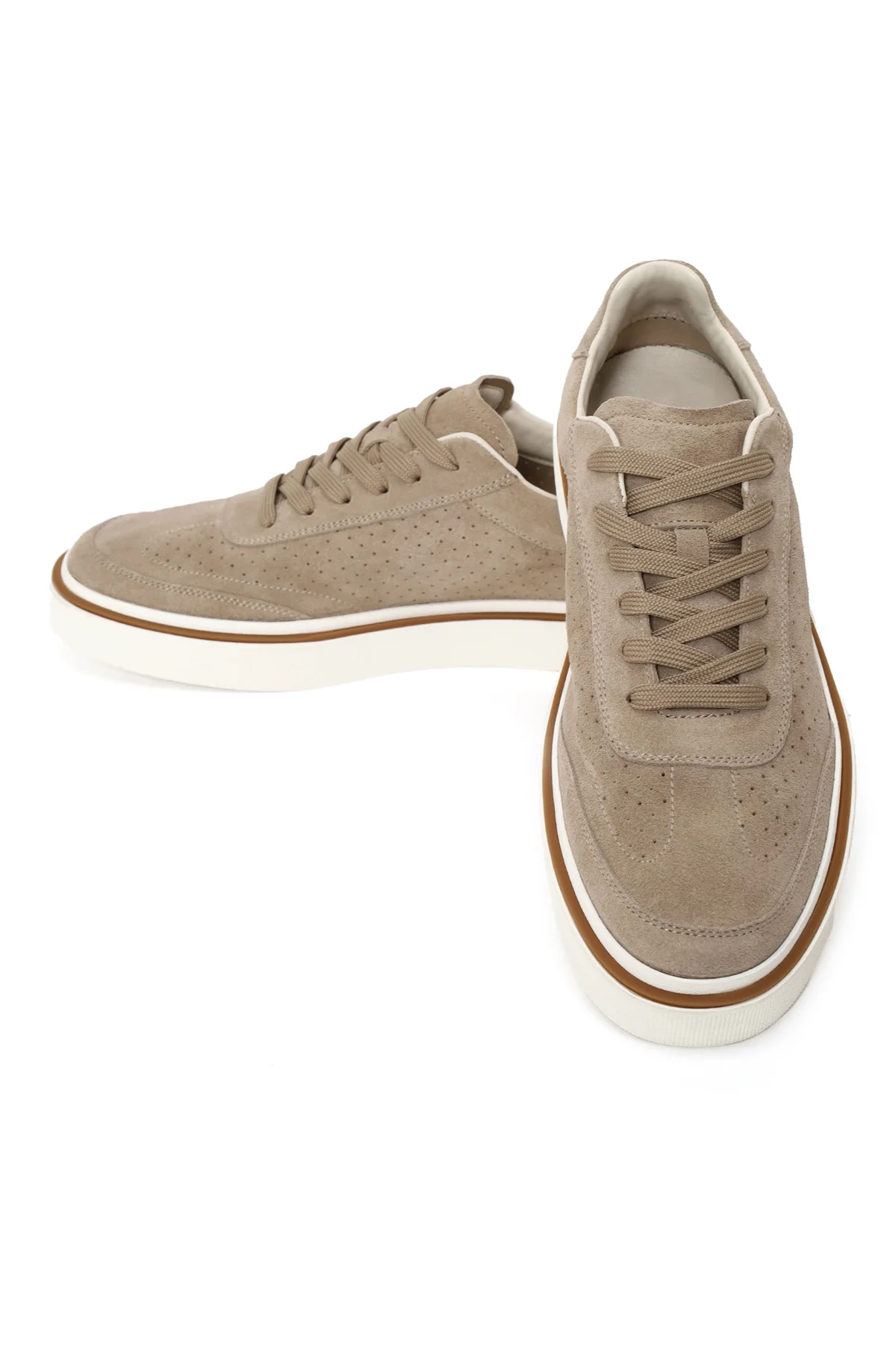 Erkek Bej Bağcıklı Kalın Tabanlı Süet Deri Sneaker - Image 12