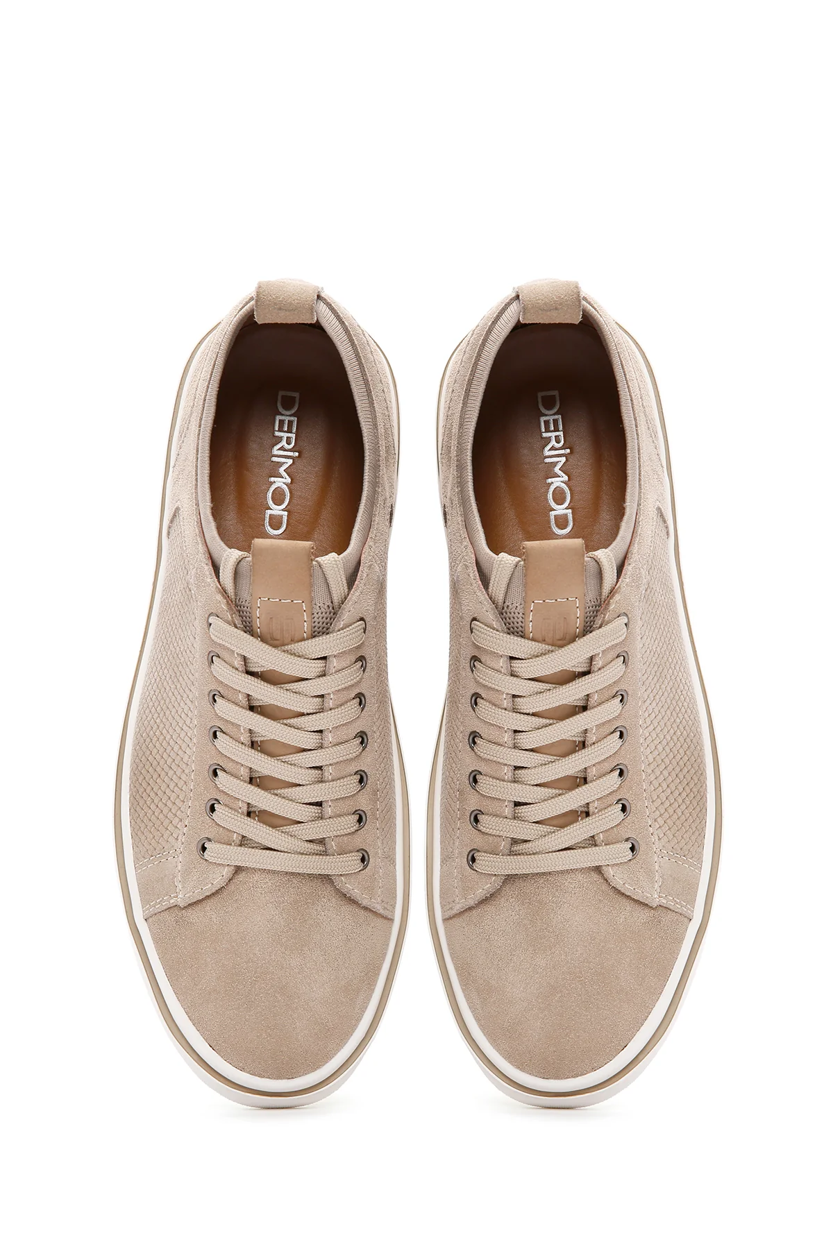 Erkek Bej Bağcıklı Süet Deri Sneaker - Image 7