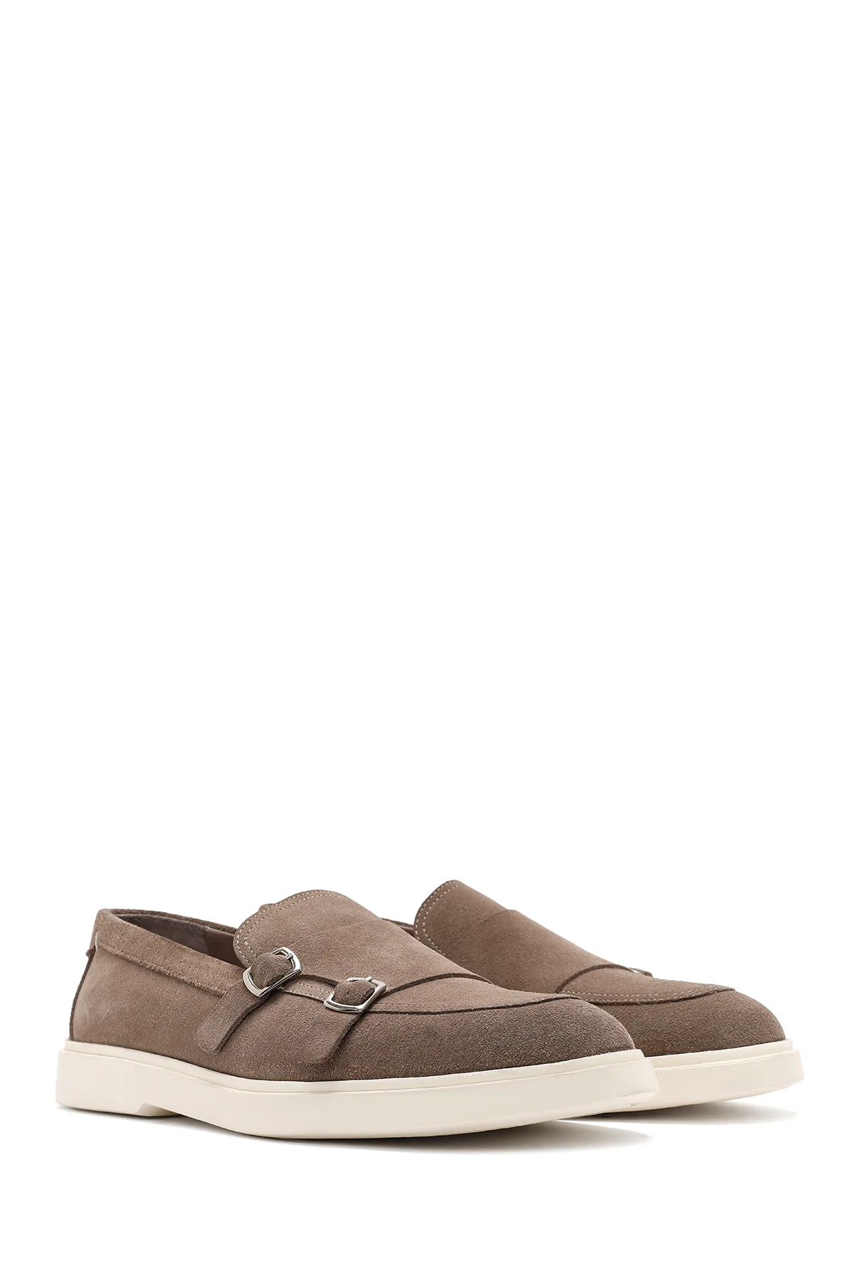 Erkek Bej Çift Tokalı Süet Deri Casual Loafer - Image 3