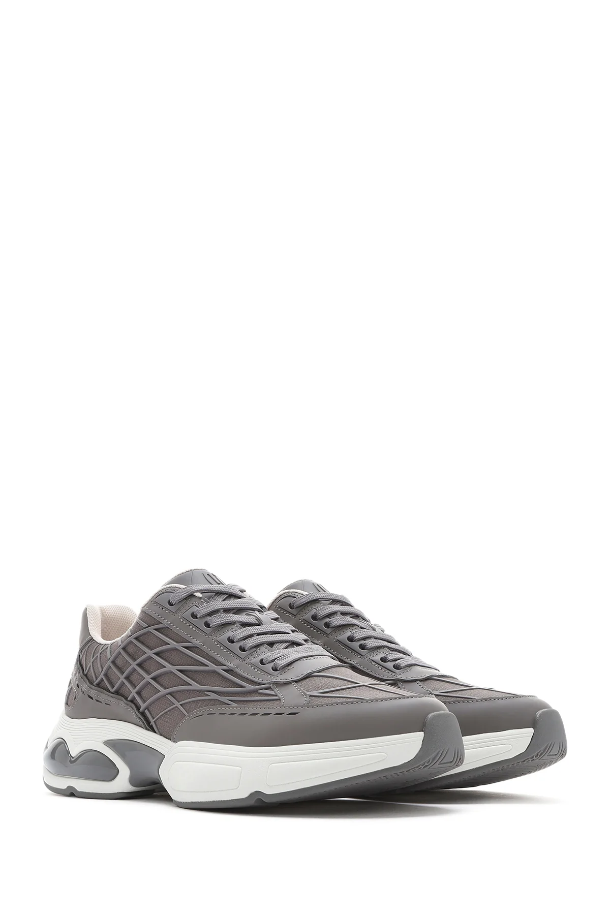 Erkek Gri Bağcıklı Kalın Tabanlı Kumaş Sneaker - Image 3