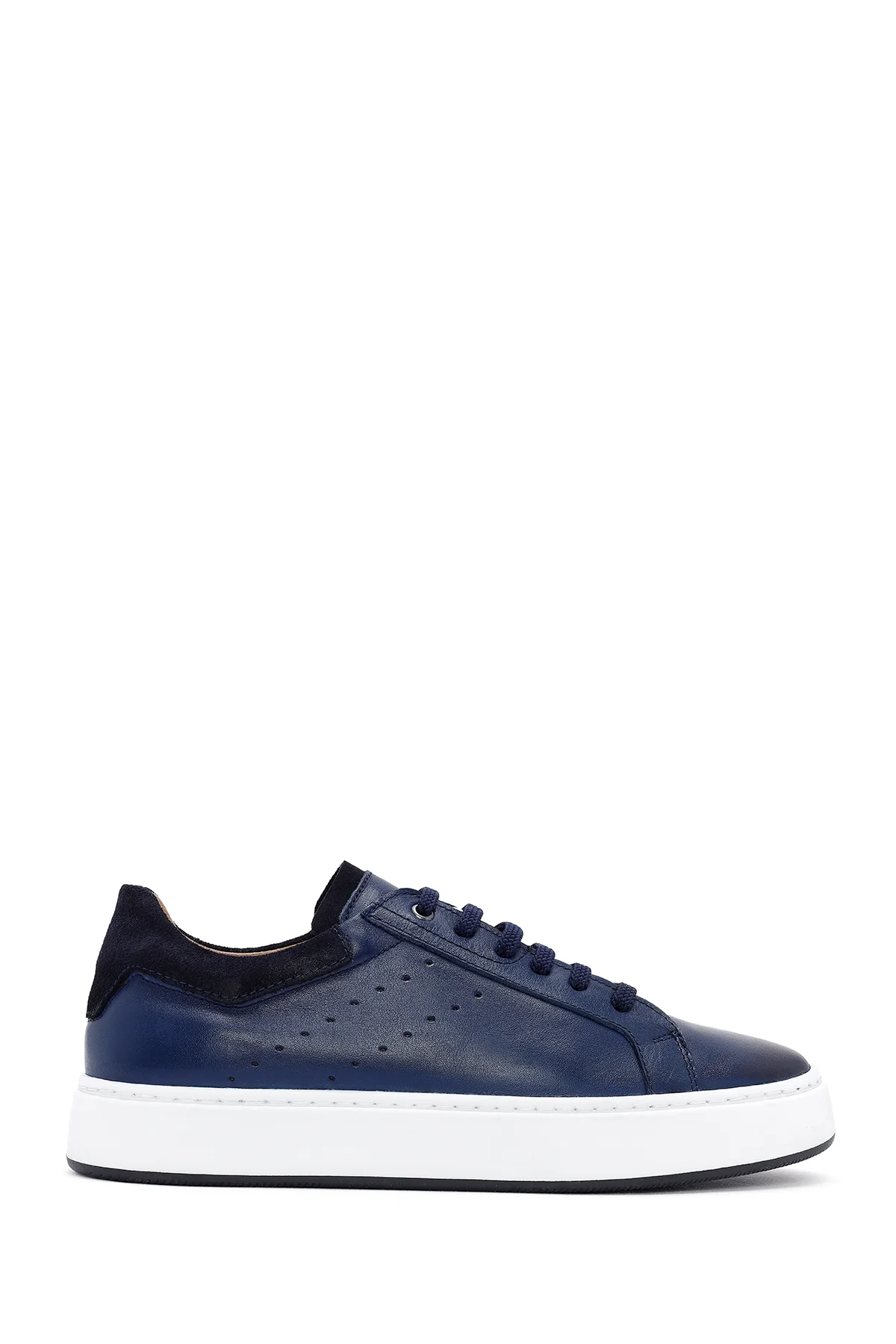 Erkek Lacivert Bağcıklı Deri Sneaker
