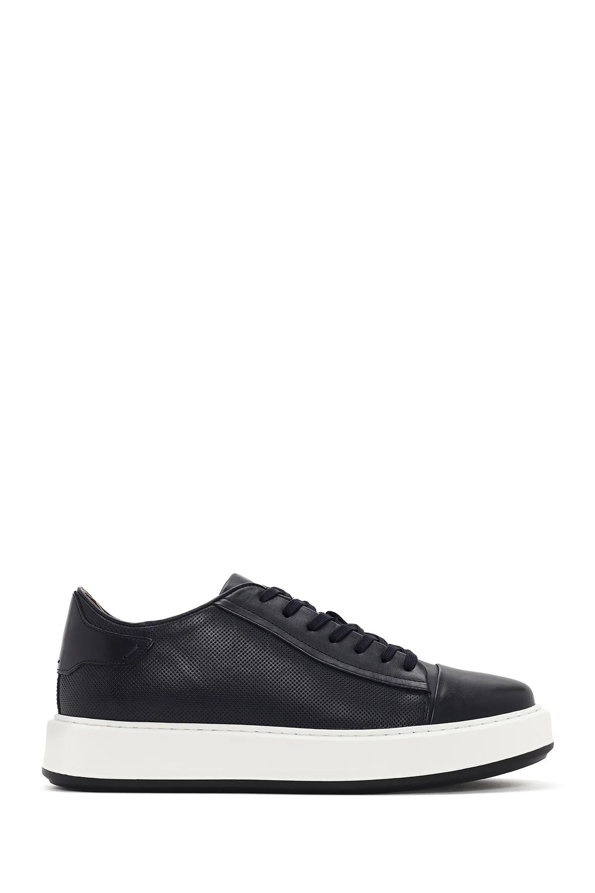 Erkek Lacivert Bağcıklı Kalın Tabanlı Deri Sneaker