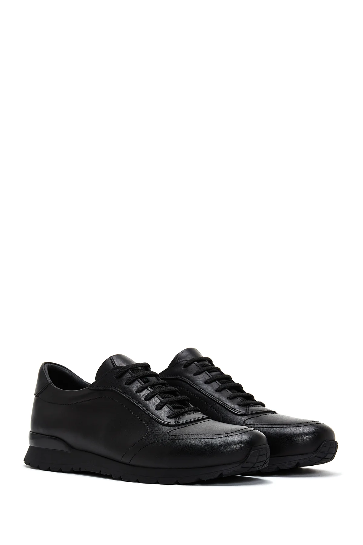 Erkek Siyah Bağcıklı Deri Casual Sneaker - Image 3