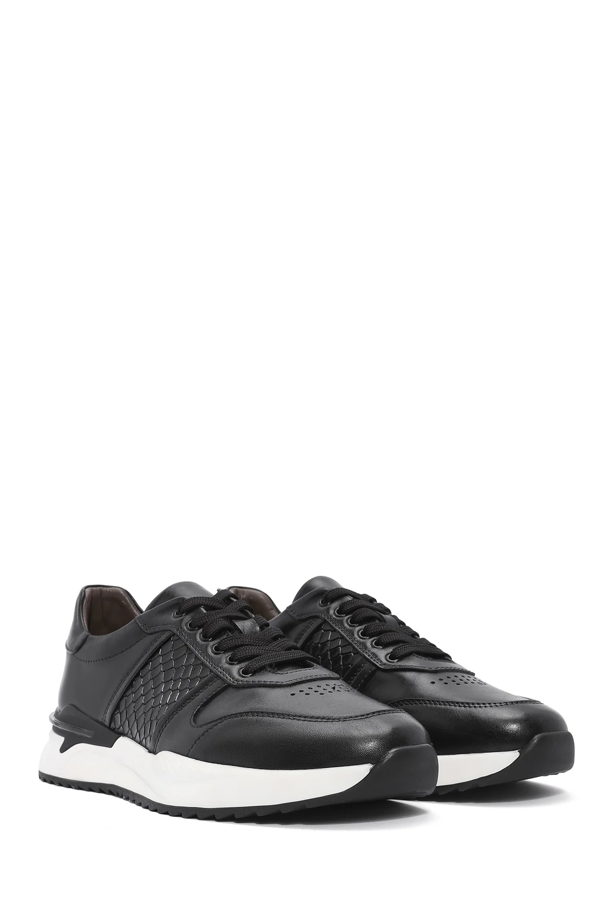 Erkek Siyah Bağcıklı Deri Casual Sneaker - Image 3