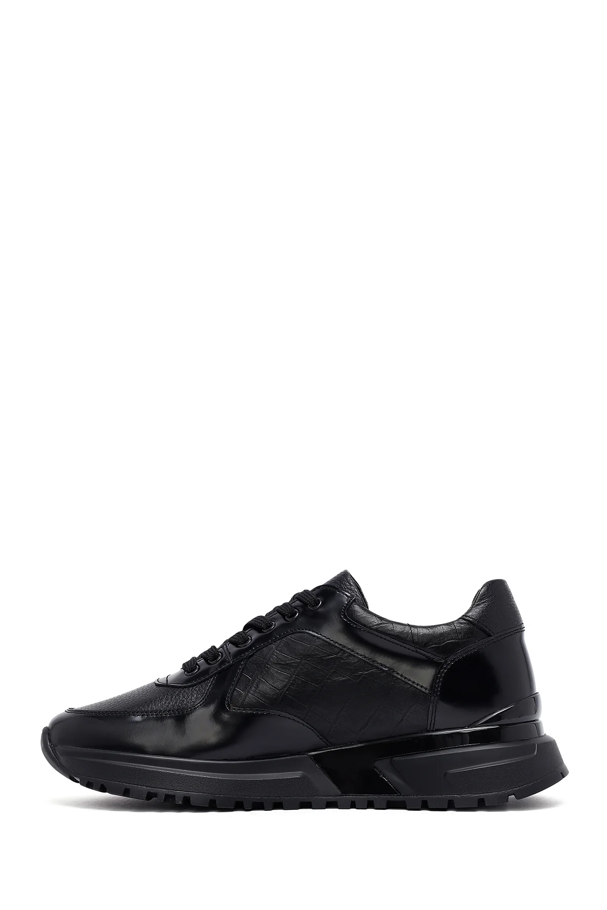 Erkek Siyah Bağcıklı Deri Casual Sneaker - Image 2