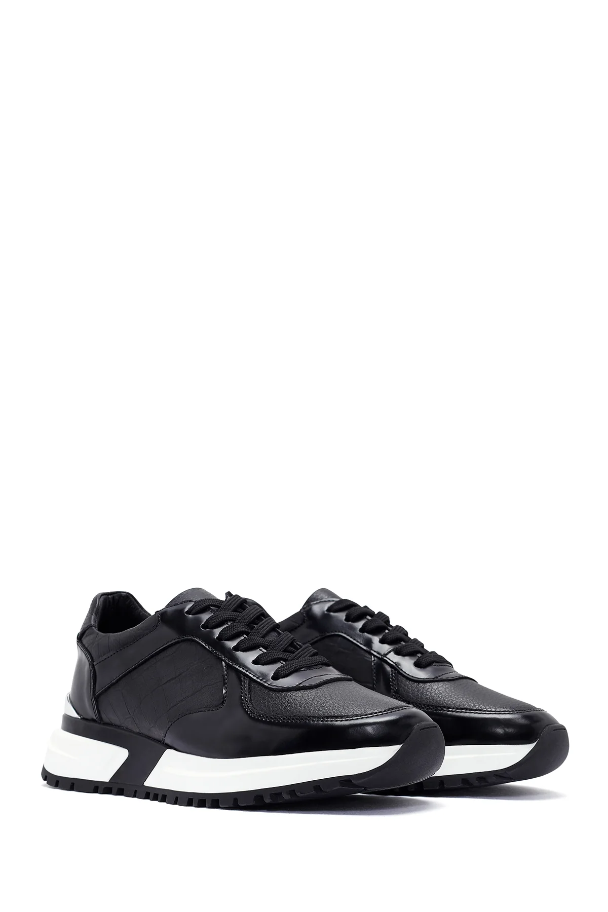 Erkek Siyah Bağcıklı Deri Sneaker - Image 3