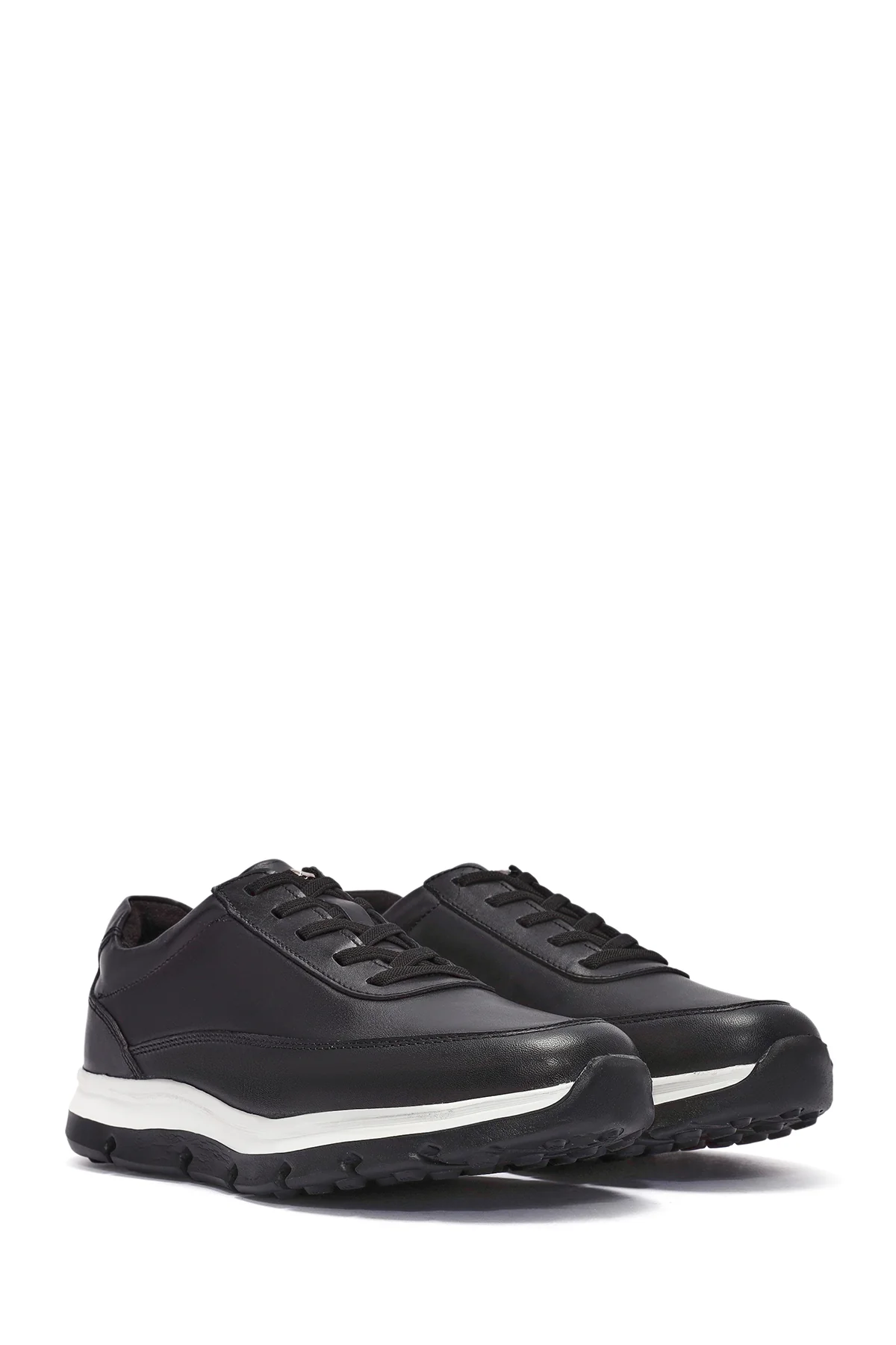 Erkek Siyah Bağcıklı Kalın Tabanlı Deri Casual Sneaker - Image 3