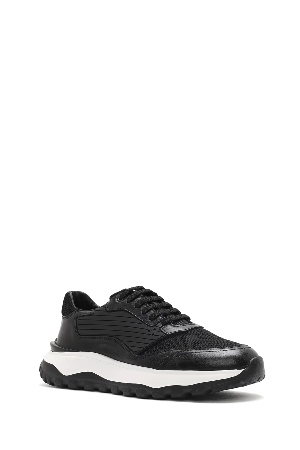 Erkek Siyah Bağcıklı Kalın Tabanlı Deri Sneaker - Image 6