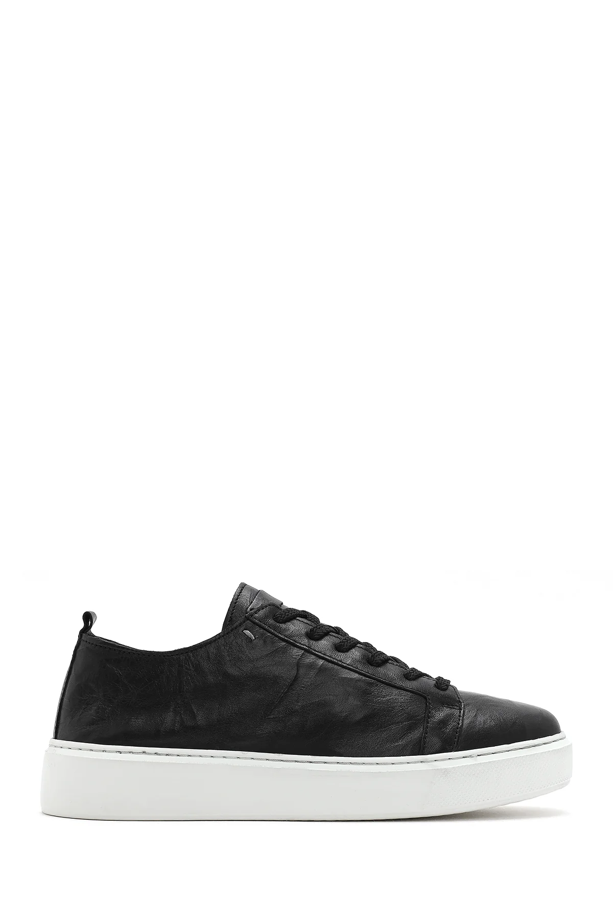Erkek Siyah Bağcıklı Kalın Tabanlı Deri Sneaker