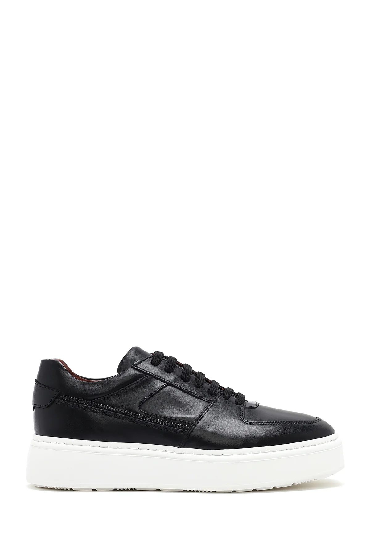 Erkek Siyah Bağcıklı Kalın Tabanlı Deri Sneaker