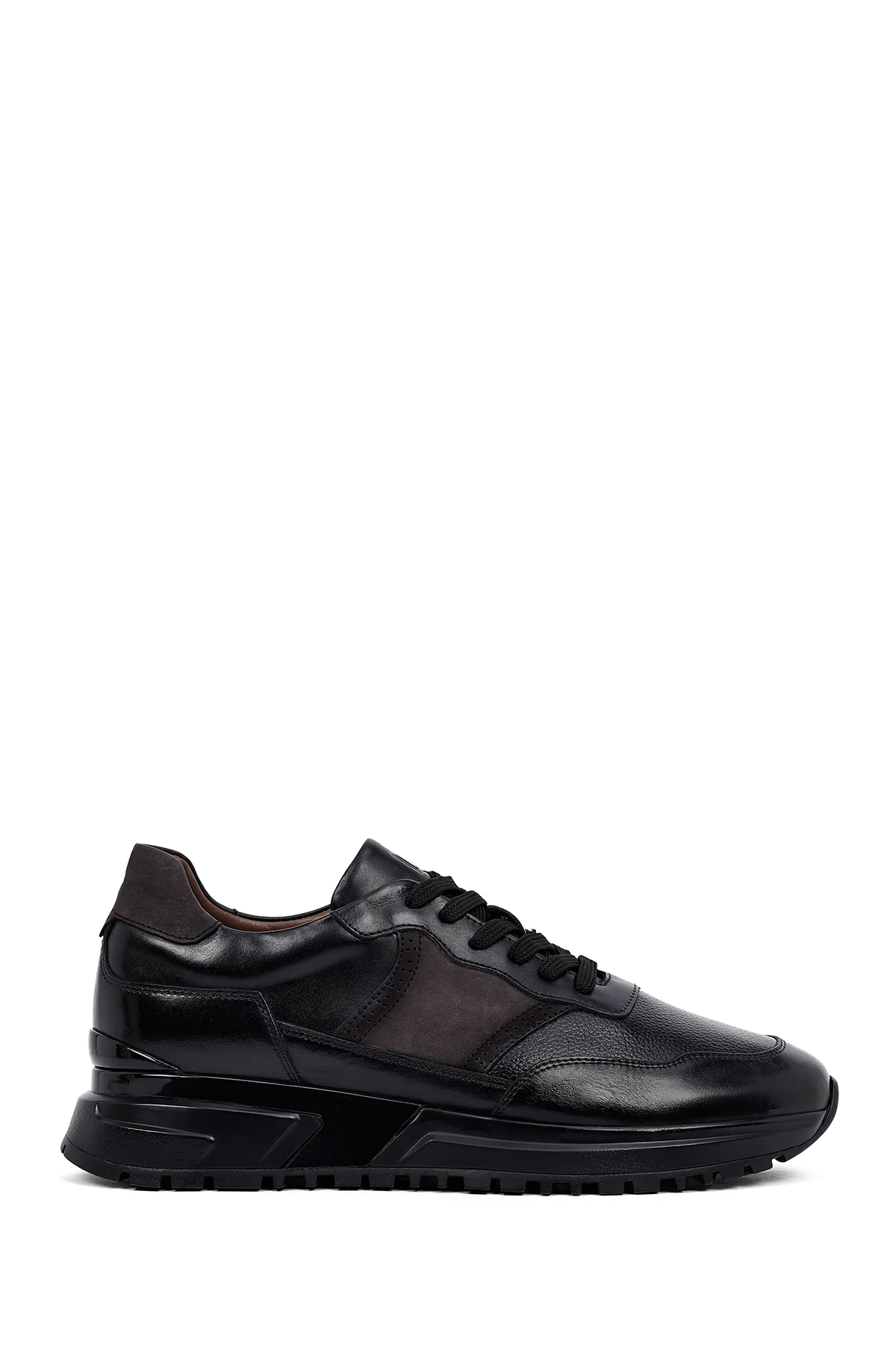 Erkek Siyah Bağcıklı Kalın Tabanlı Deri Casual Sneaker