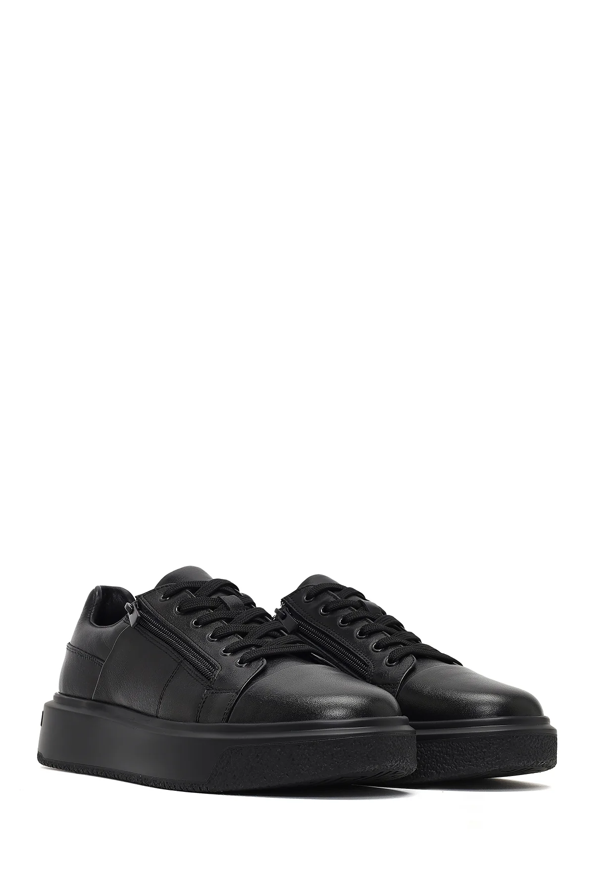 Erkek Siyah Bağcıklı Kalın Tabanlı Deri Sneaker - Image 3