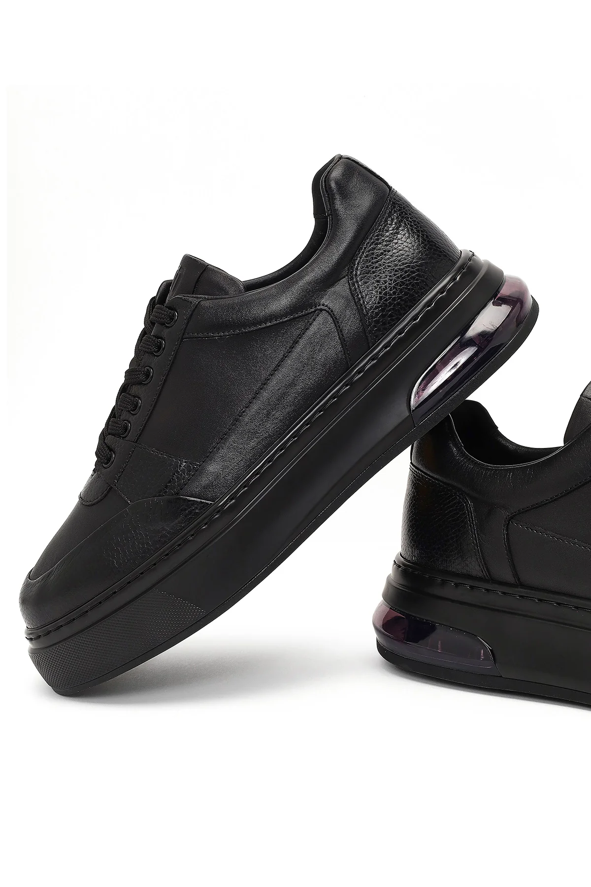 Erkek Siyah Bağcıklı Kalın Tabanlı Deri Sneaker - Image 10