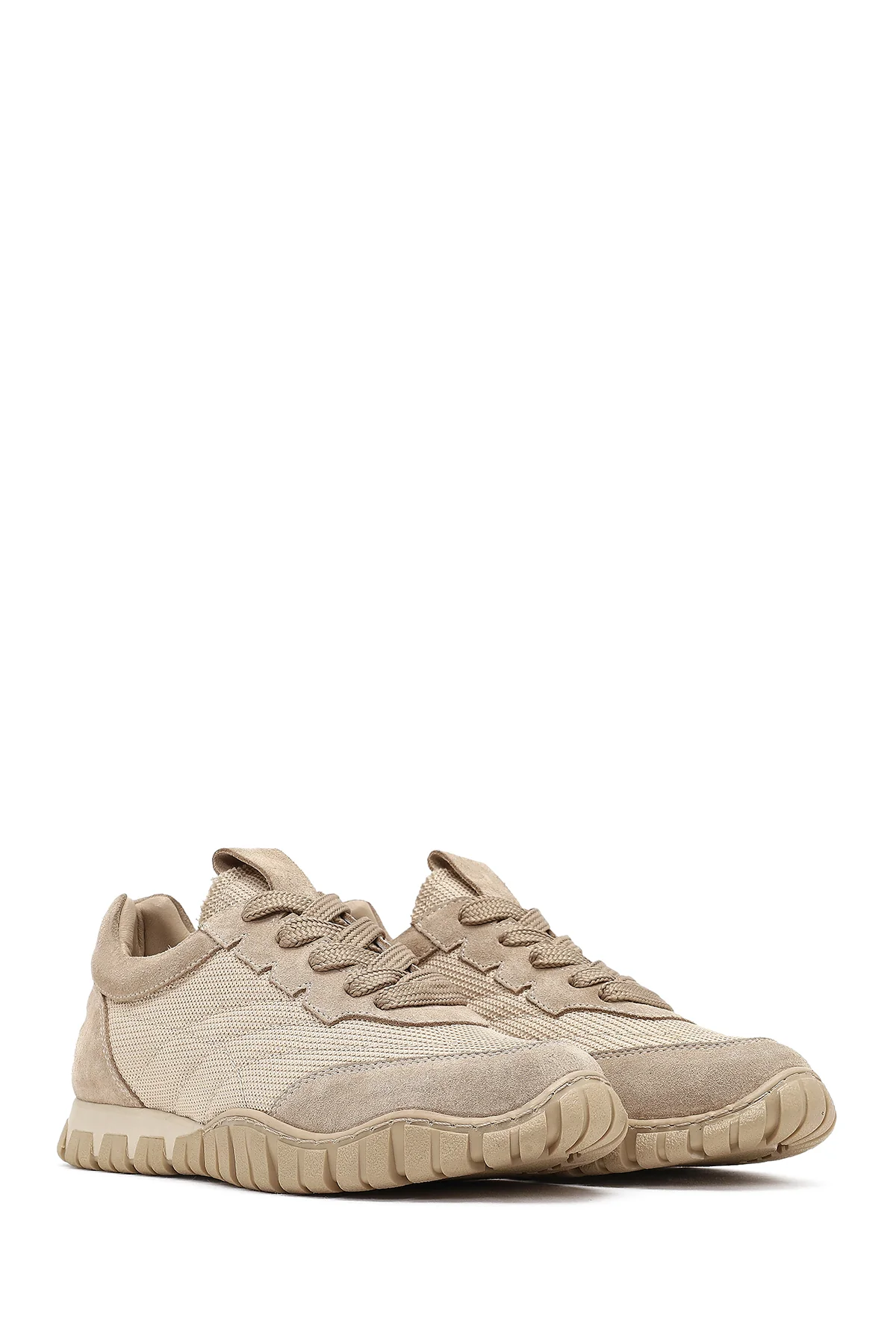 Kadın Bej Bağcıklı Deri Sneaker - Image 3