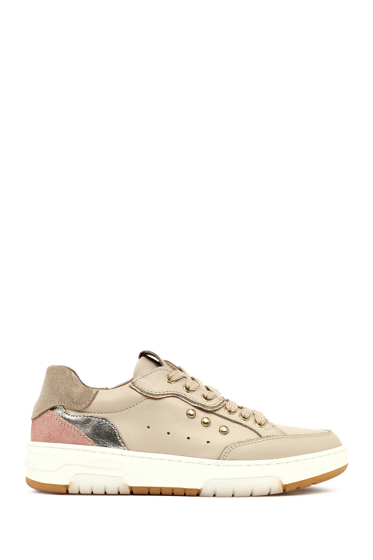 Kadın Bej Bağcıklı Kalın Tabanlı Deri Sneaker