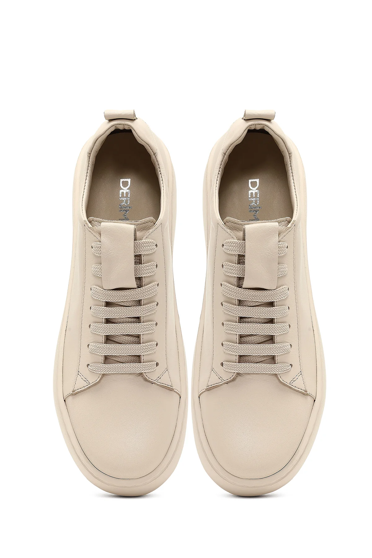 Kadın Bej Bağcıklı Kalın Tabanlı Deri Sneaker - Image 7