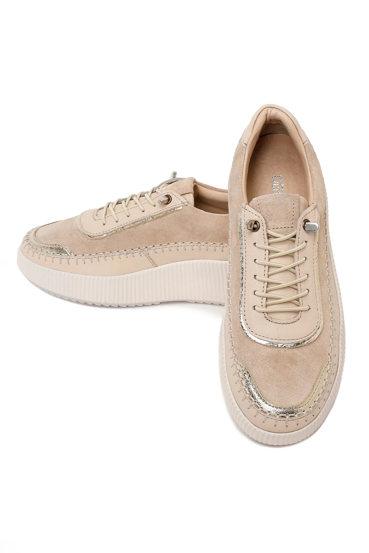 Kadın Bej Bağcıklı Kalın Tabanlı Deri Sneaker - Image 10