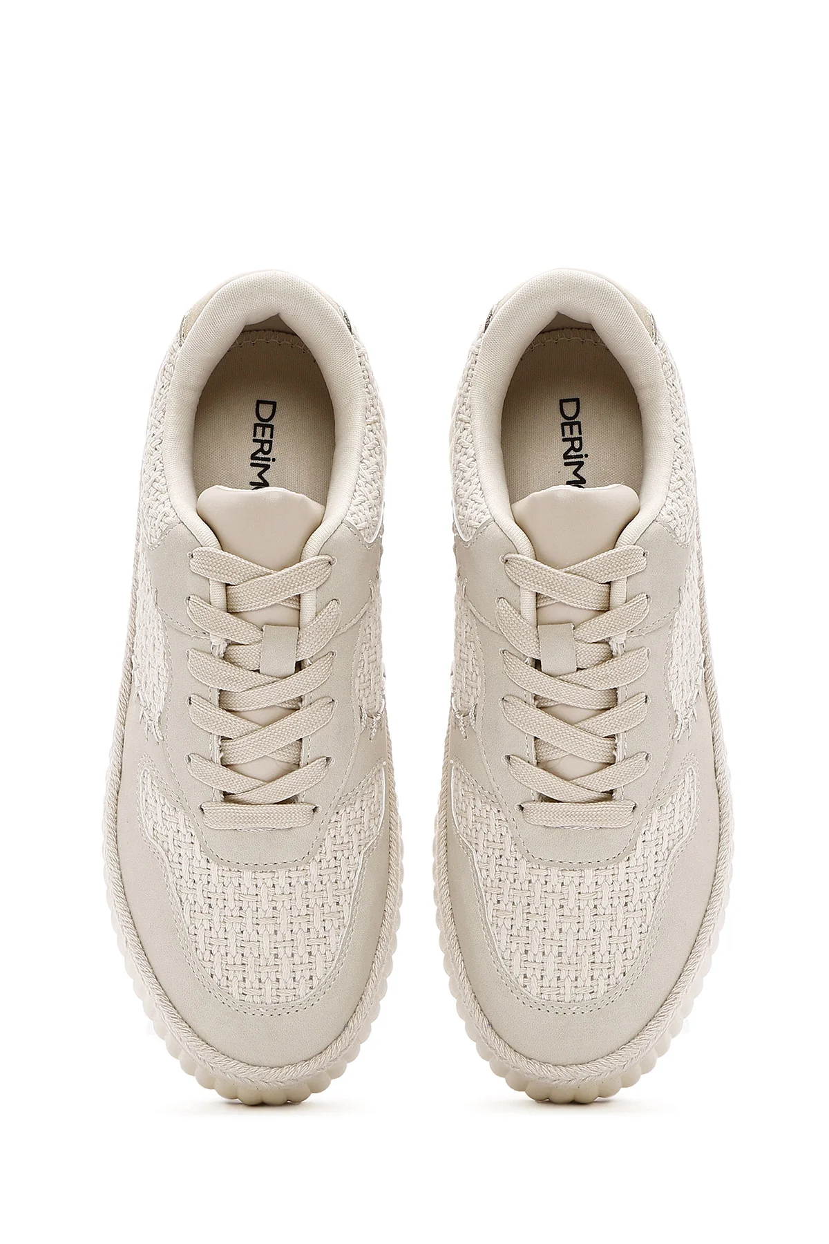 Kadın Bej Bağcıklı Kalın Tabanlı Örgülü Sneaker - Image 7