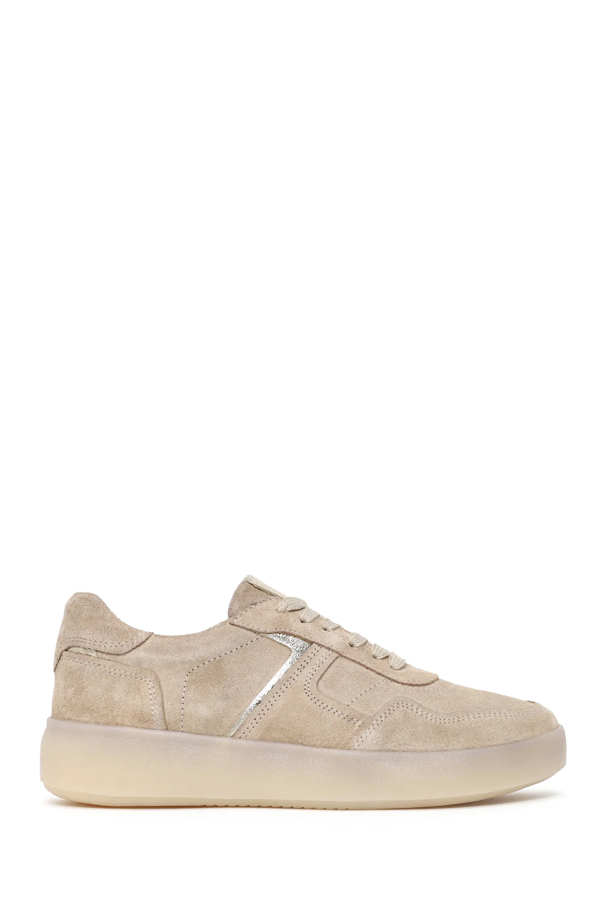 Kadın Bej Bağcıklı Kalın Tabanlı Süet Deri Sneaker