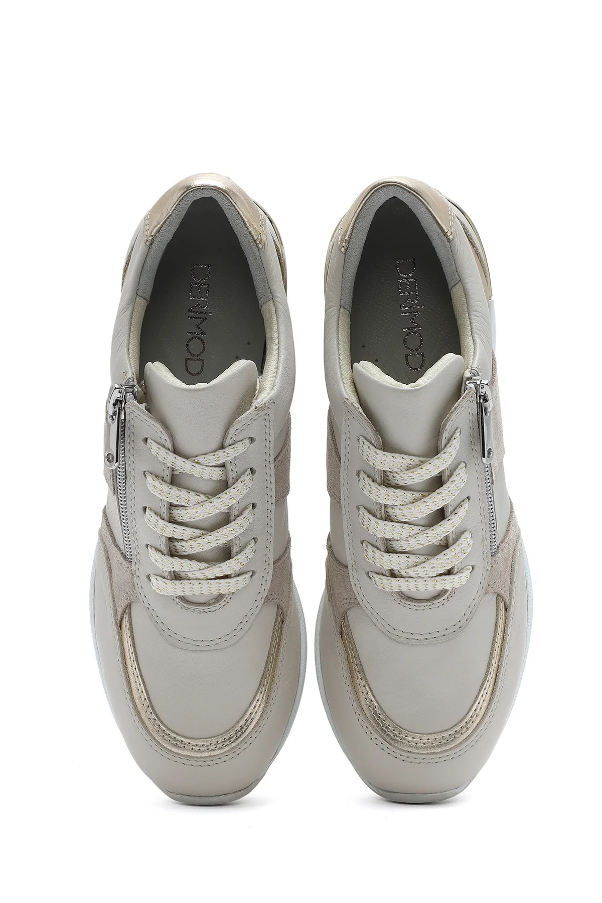 Kadın Bej Dolgu Topuklu Yandan Fermuarlı Deri Sneaker - Image 7