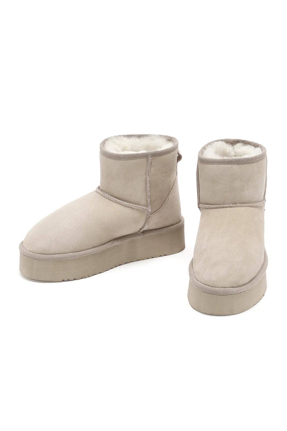 Kadın Bej Kalın Tabanlı Süet Deri Bot - Image 3