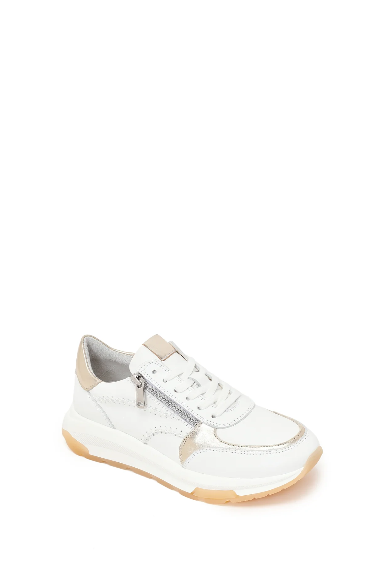 Kadın Beyaz Bağcıklı Fermuarlı Kalın Tabanlı Deri Sneaker - Image 7