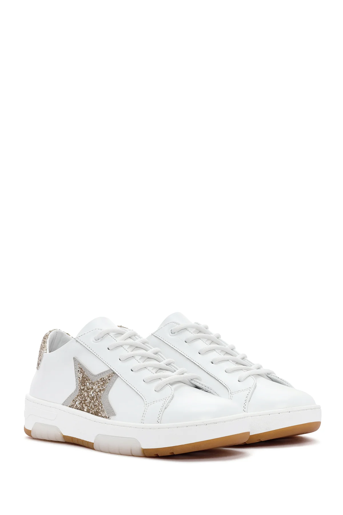 Kadın Beyaz Bağcıklı Taşlı Deri Sneaker - Image 3
