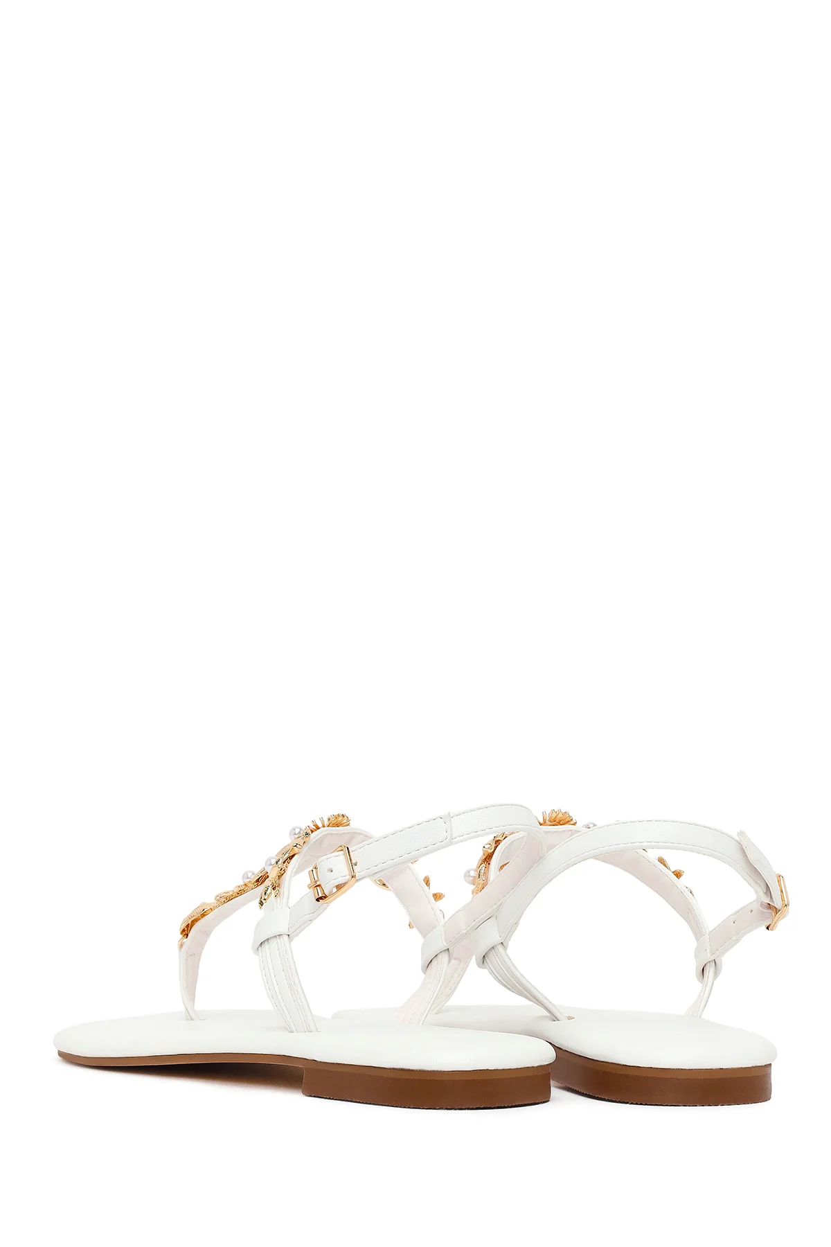 Kadın Beyaz Bilekten Tokalı Parmak Arası Taşlı Sandalet - Image 7