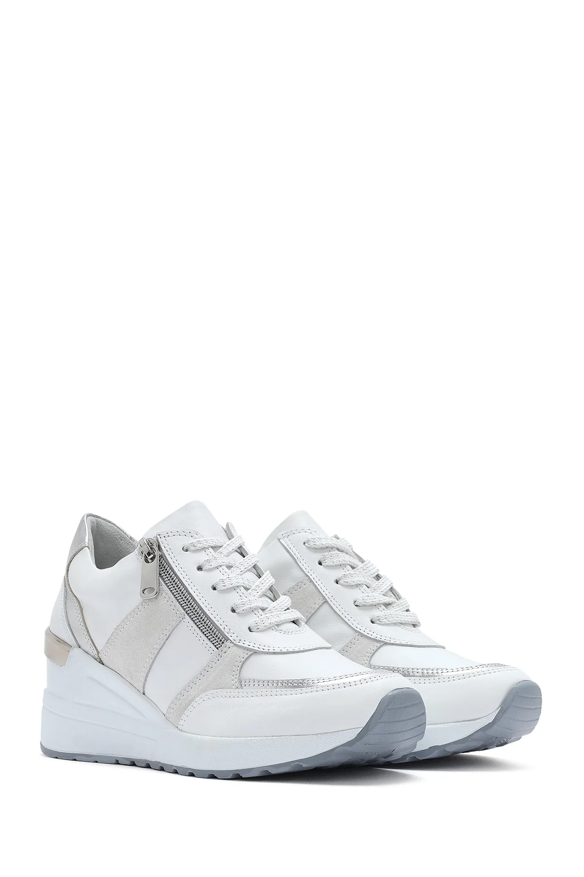 Kadın Beyaz Dolgu Topuklu Yandan Fermuarlı Deri Sneaker - Image 3
