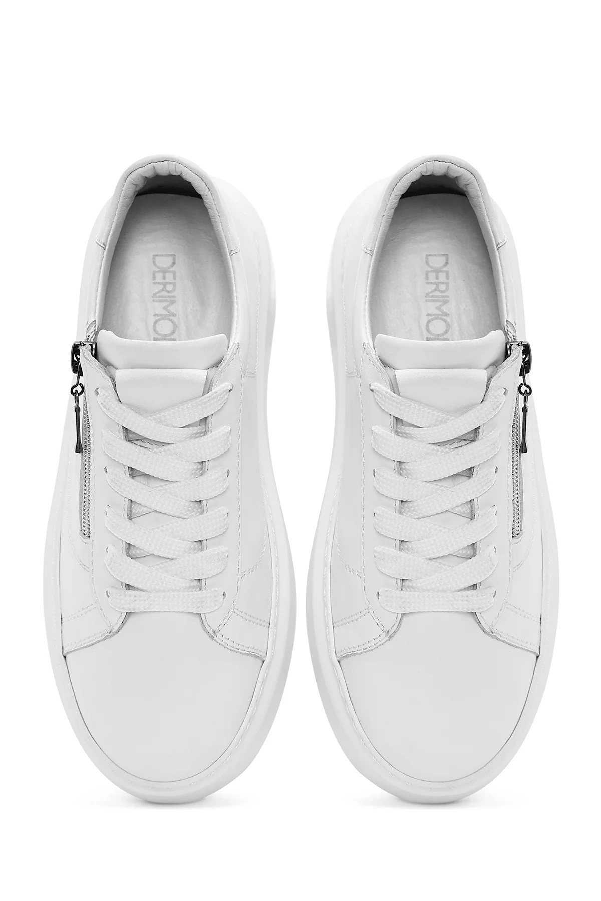 Kadın Beyaz Fermuarlı Bağcıklı Kalın Tabanlı Deri Sneaker - Image 6