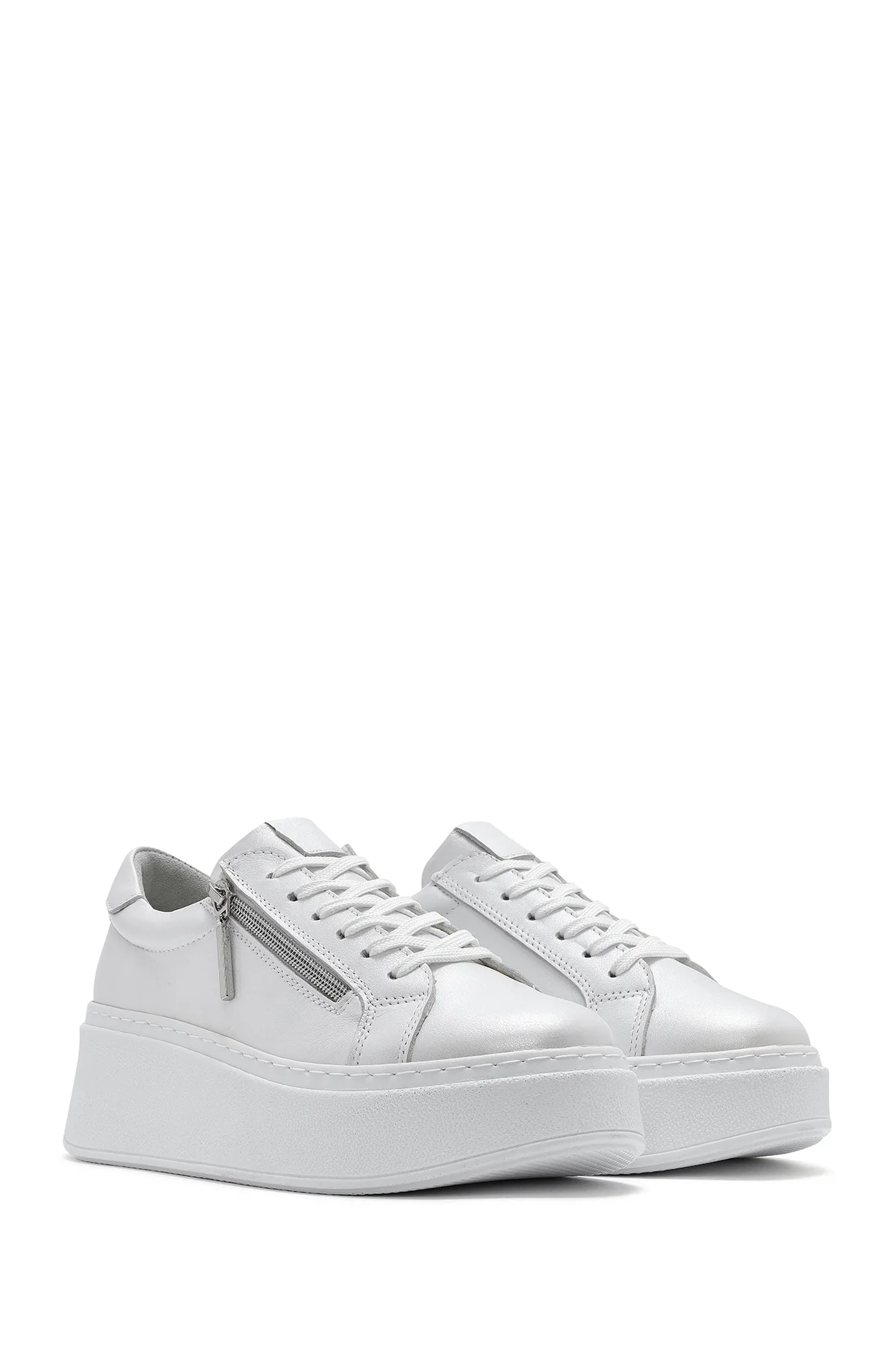 Kadın Beyaz Kalın Tabanlı Yandan Fermuarlı Bağcıklı Deri Sneaker - Image 3