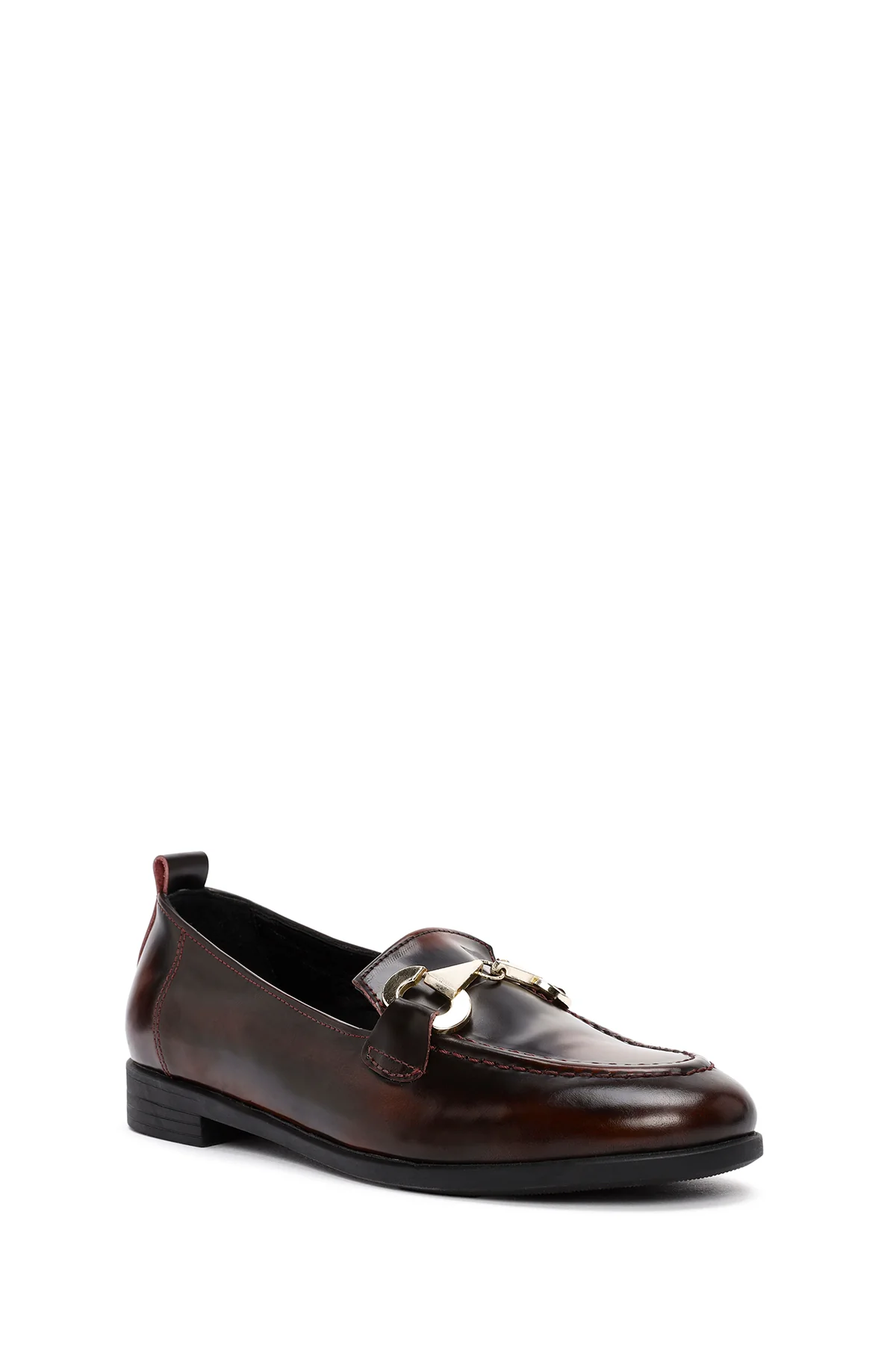 Kadın Bordo Toka Detaylı Deri Maskülen Loafer - Image 6