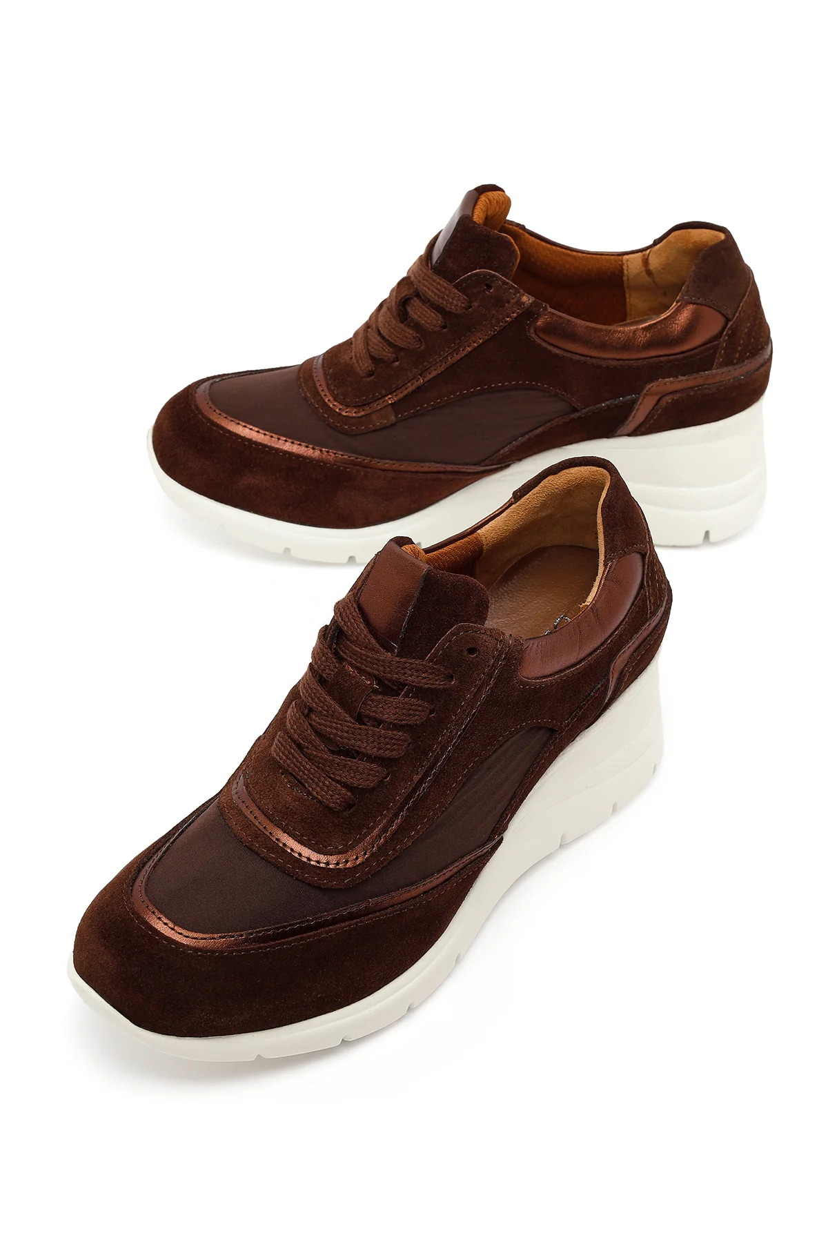 Kadın Kahverengi Bağcıklı Dolgu Topuklu Süet Deri Sneaker - Image 10