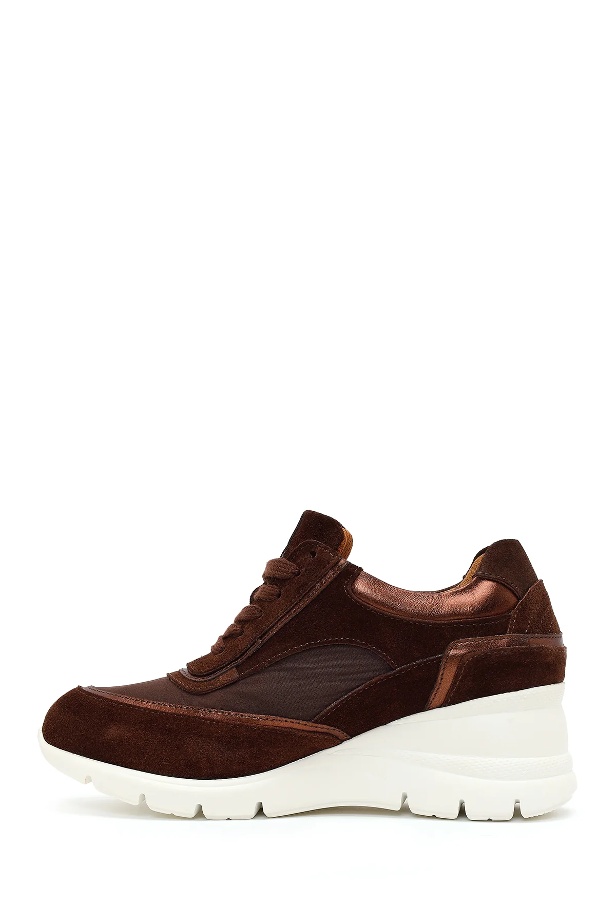 Kadın Kahverengi Bağcıklı Dolgu Topuklu Süet Deri Sneaker - Image 3