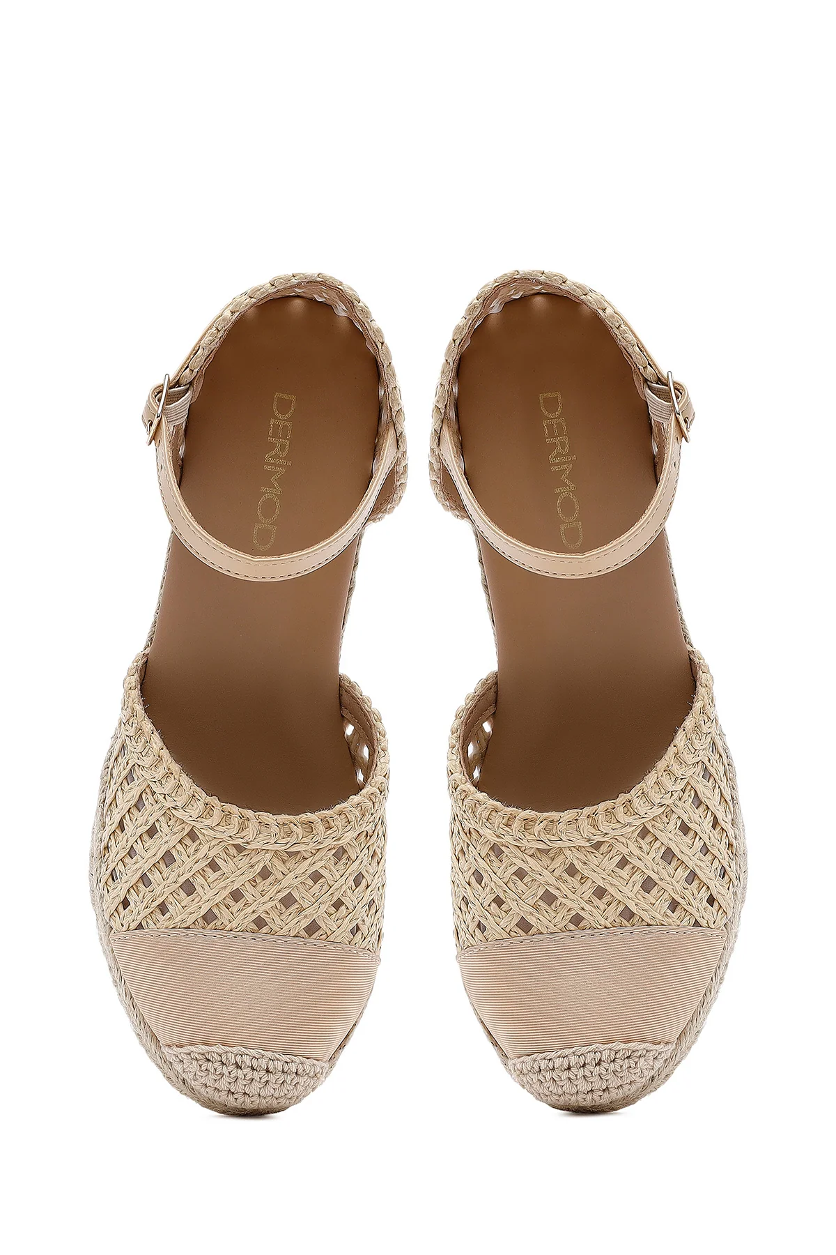 Kadın Krem Bilekten Tokalı Örgülü Dolgu Topuklu Espadril Sandalet - Image 7