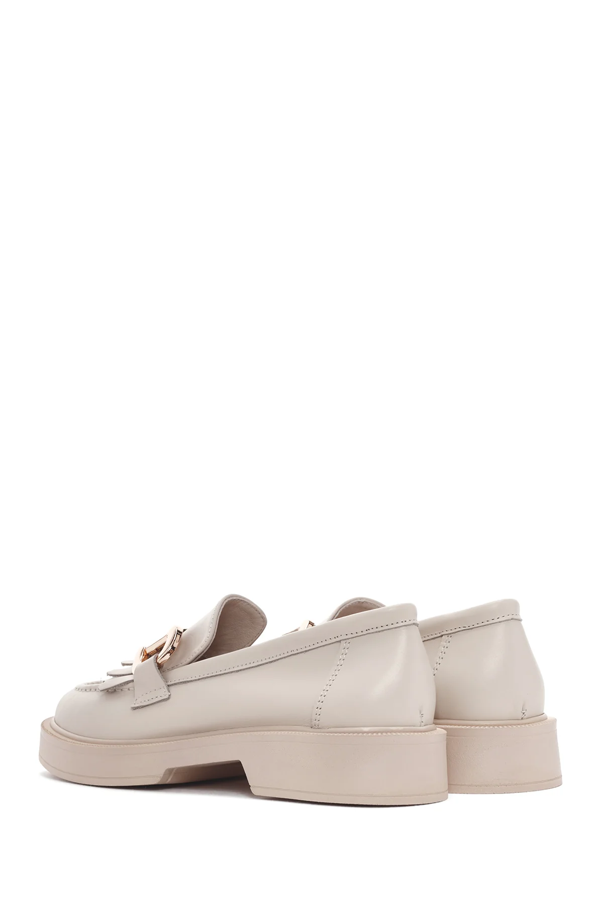 Kadın Krem Püsküllü Deri Casual Loafer - Image 5