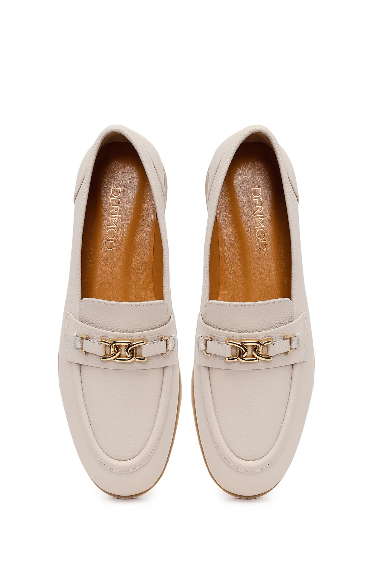 Kadın Krem Tokalı Maskülen Deri Loafer - Image 4