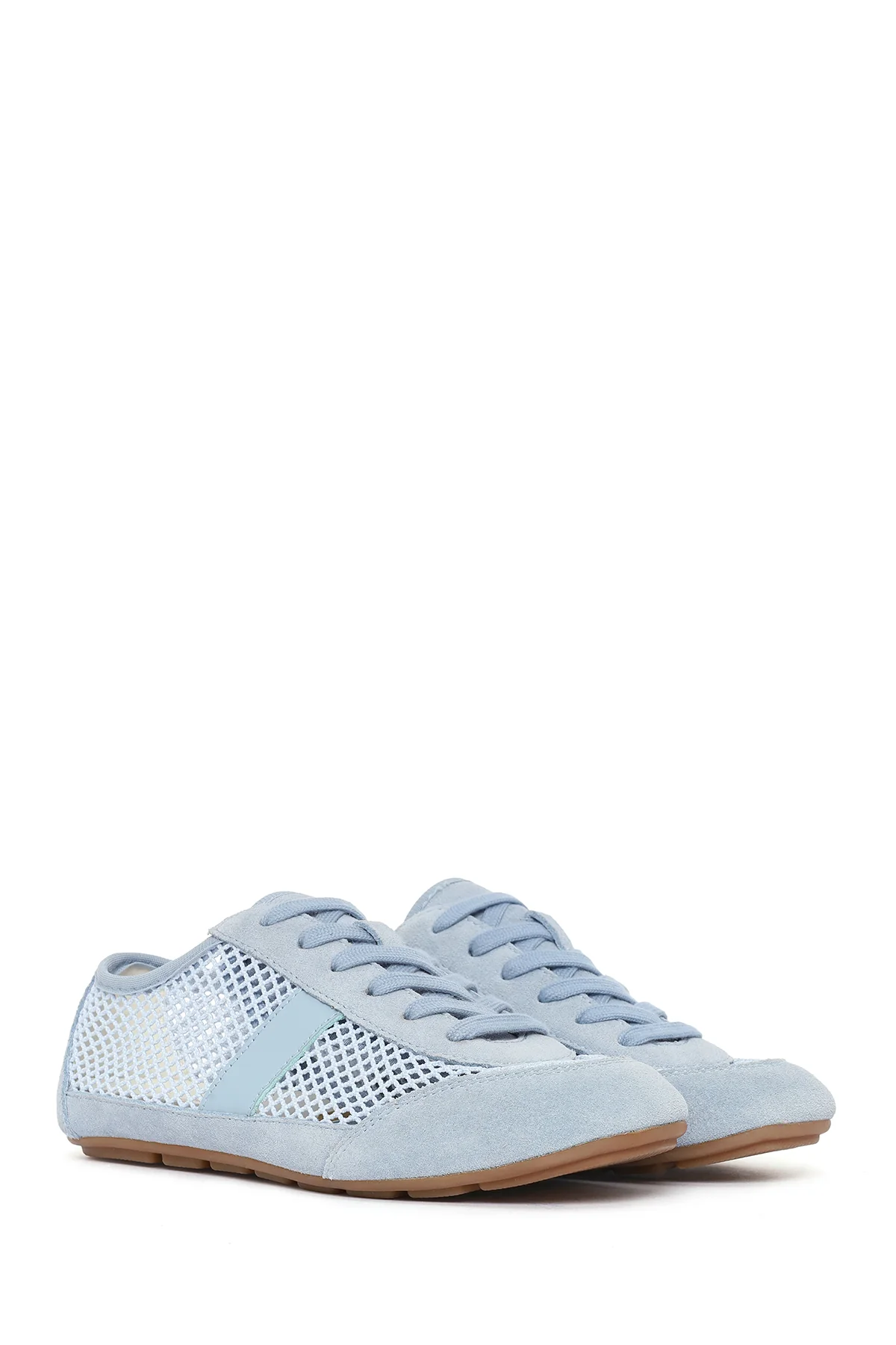 Kadın Mavi Bağcıklı Fileli Deri Sneaker - Image 3