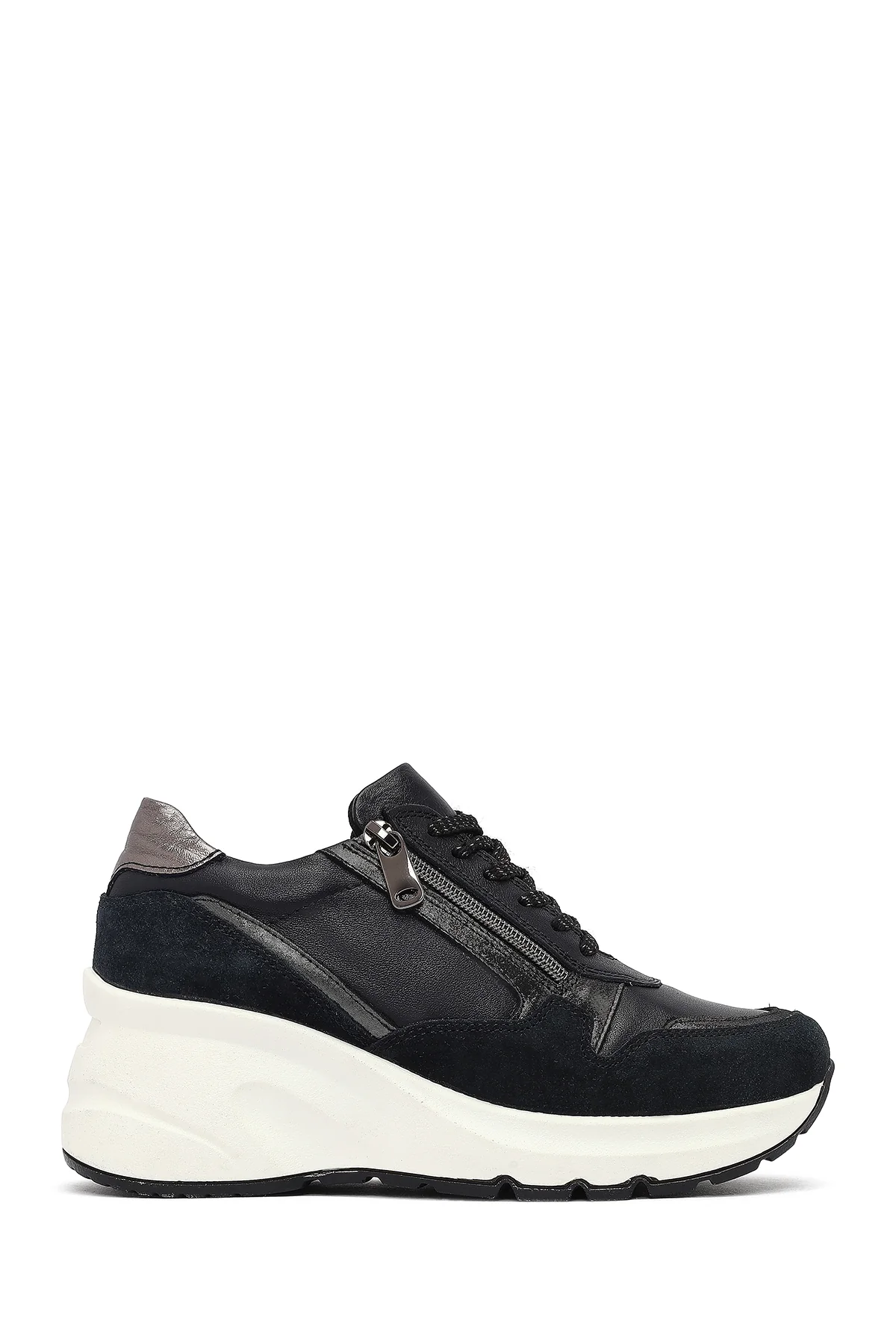 Kadın Siyah Bağcıklı Fermuar Detaylı Dolgu Topuklu Deri Sneaker