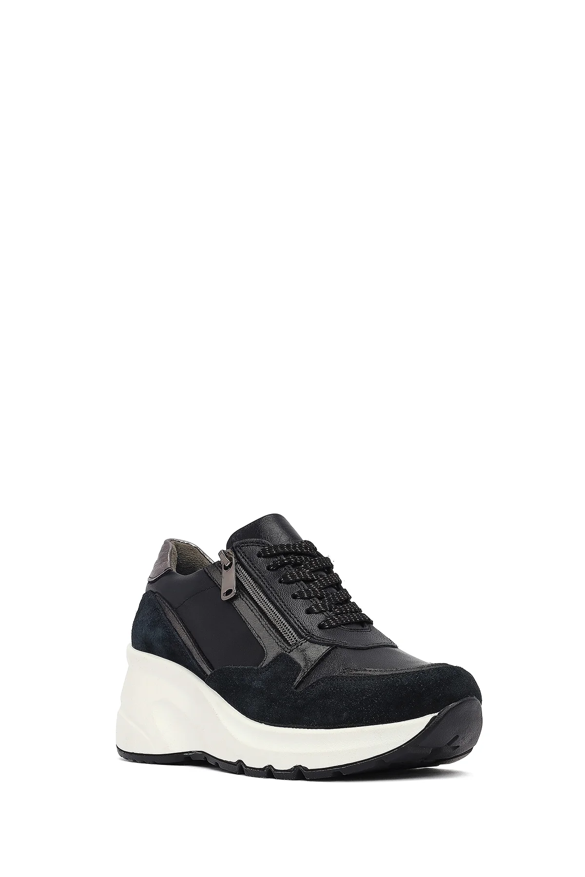 Kadın Siyah Bağcıklı Fermuar Detaylı Dolgu Topuklu Deri Sneaker - Image 6