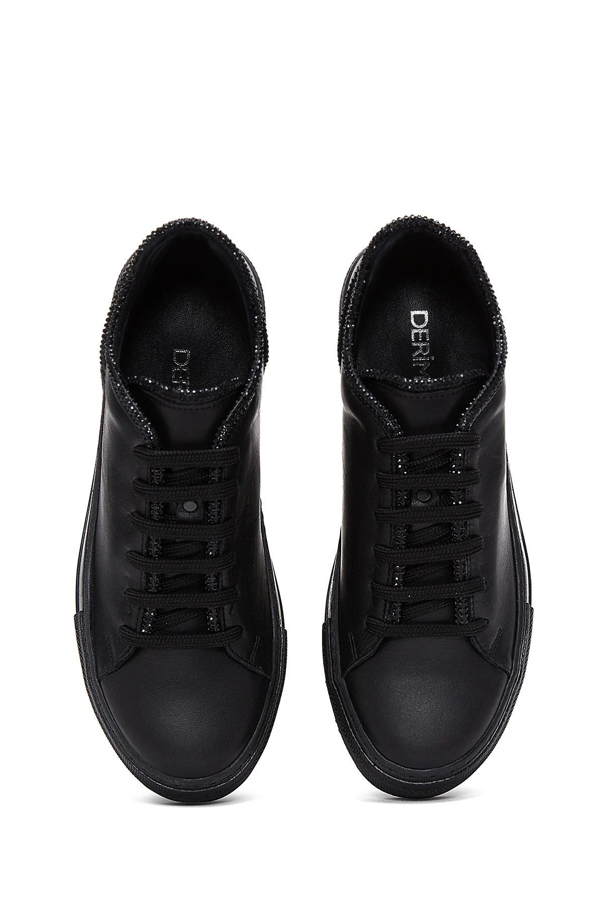 Kadın Siyah Bağcıklı Taş Detaylı Deri Sneaker - Image 6
