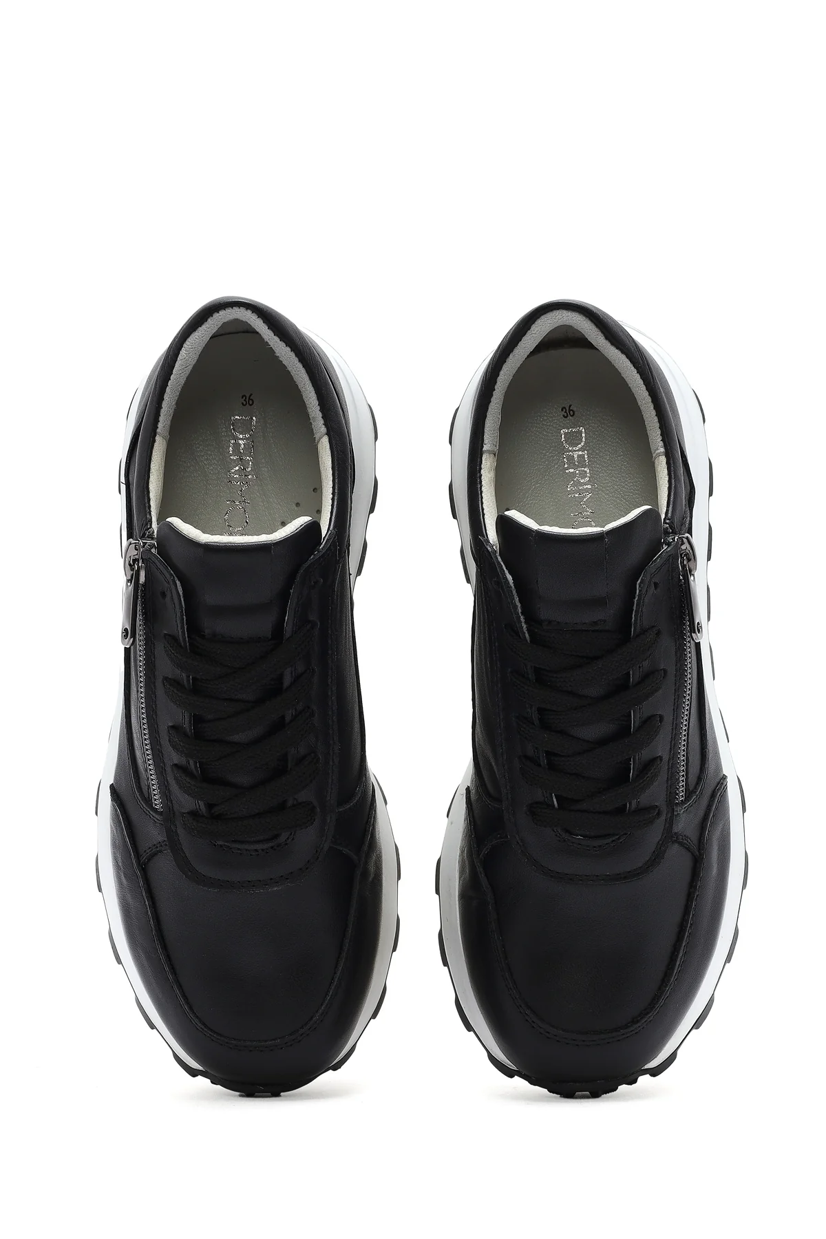 Kadın Siyah Bağcıklı Yandan Fermuarlı Deri Sneaker - Image 7