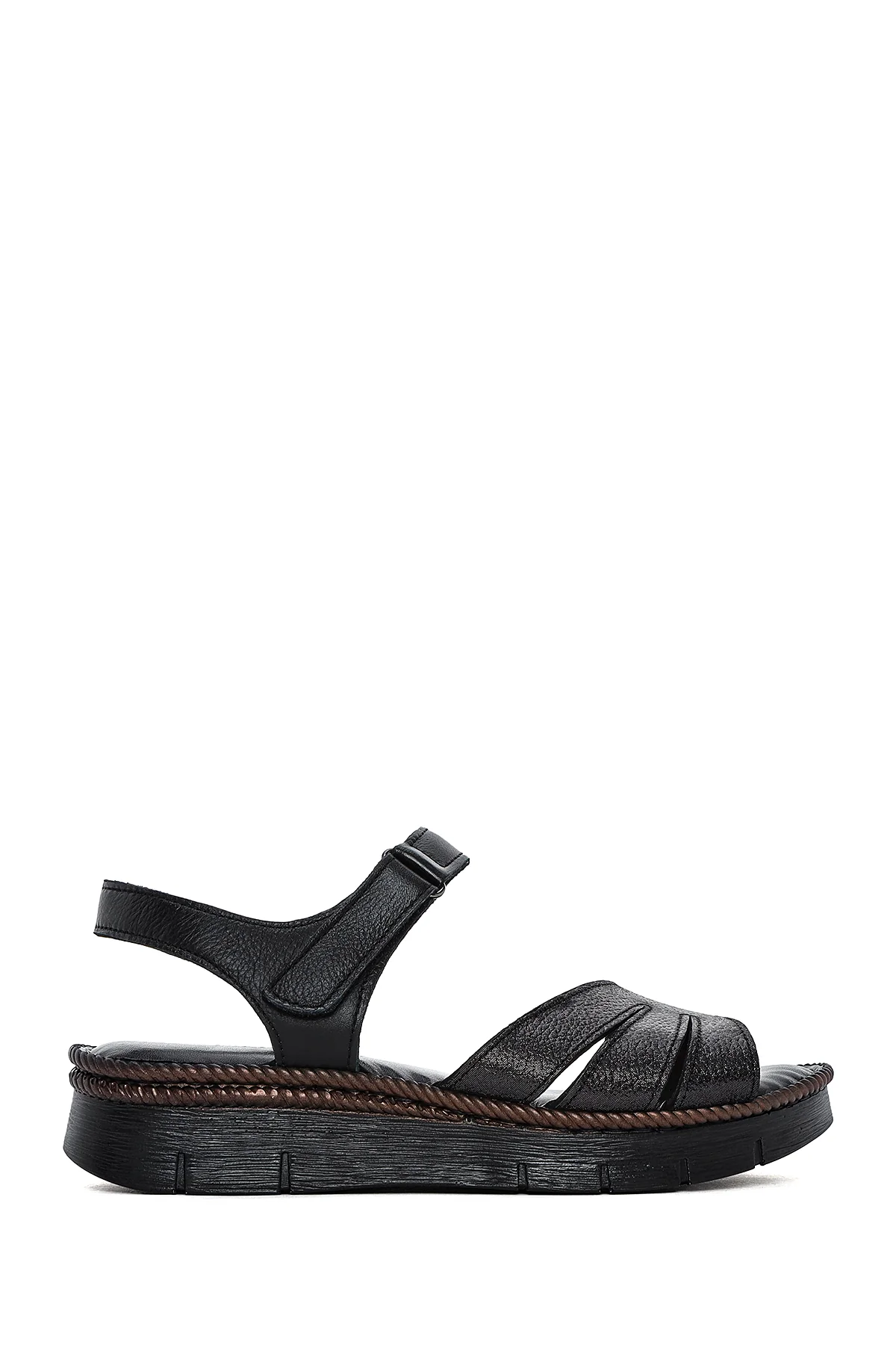 Kadın Siyah Bantlı Deri Comfort Sandalet