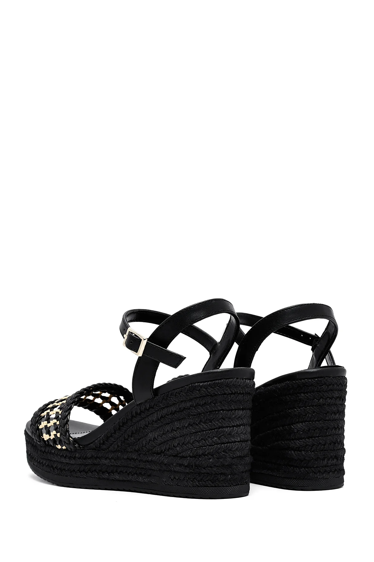 Kadın Siyah Bilekten Tokalı Örgülü Dolgu Topuklu Espadril Sandalet - Image 6
